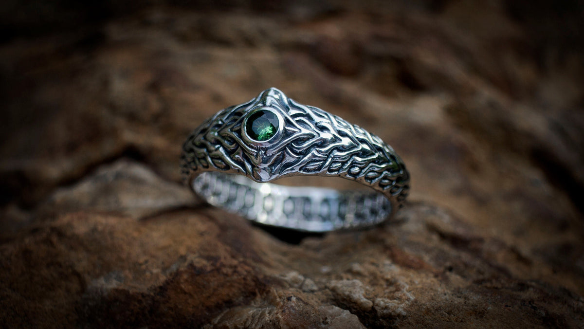 Close-up of silver Vertebrae ring showing sculptural pattern