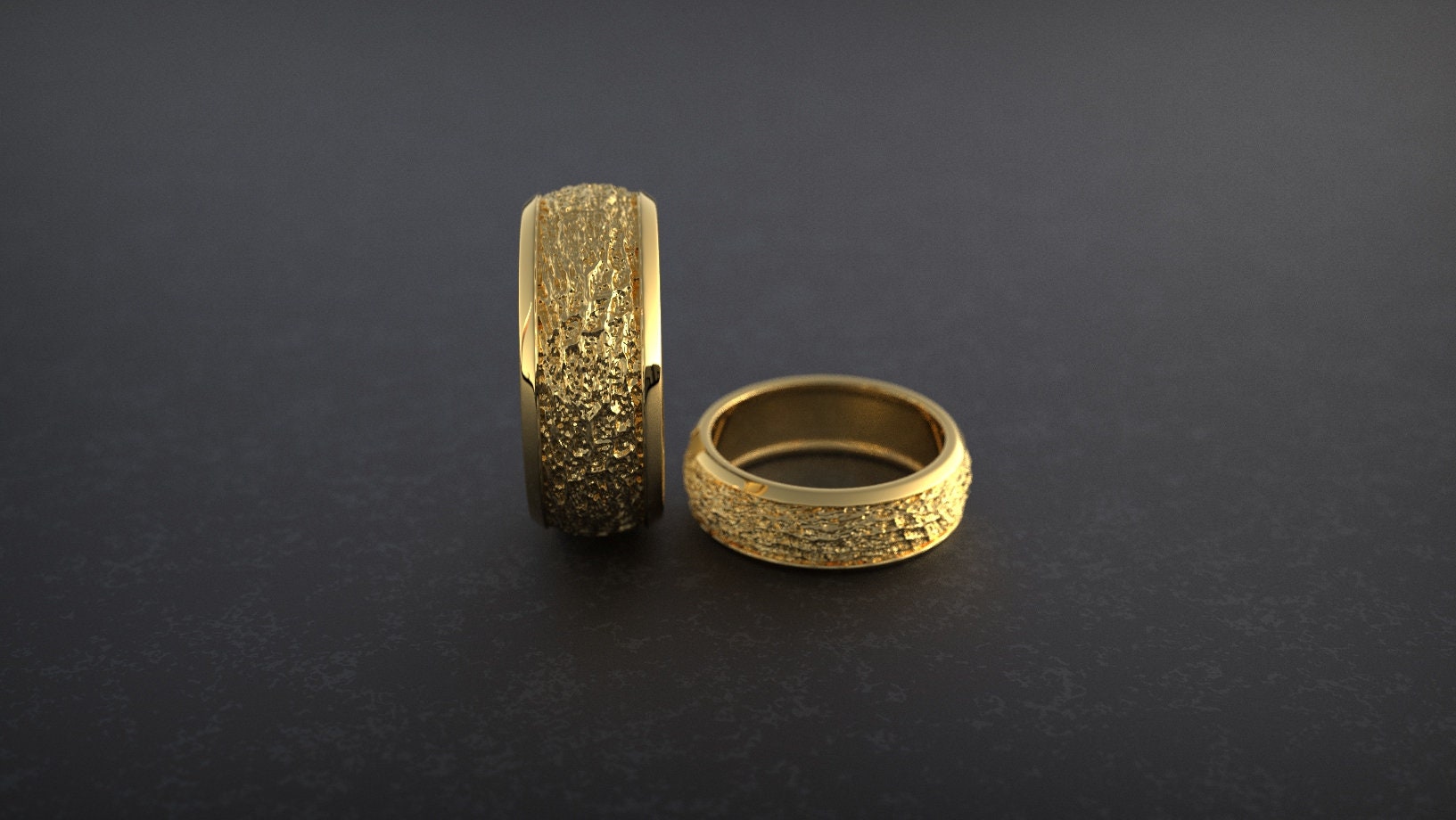 Vertical view of textured gold ring