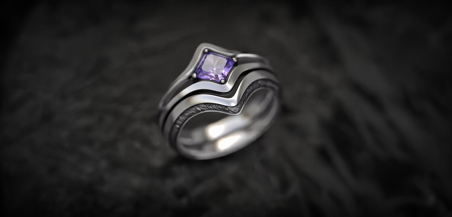 Handmade silver stackable rings with purple amethyst stone