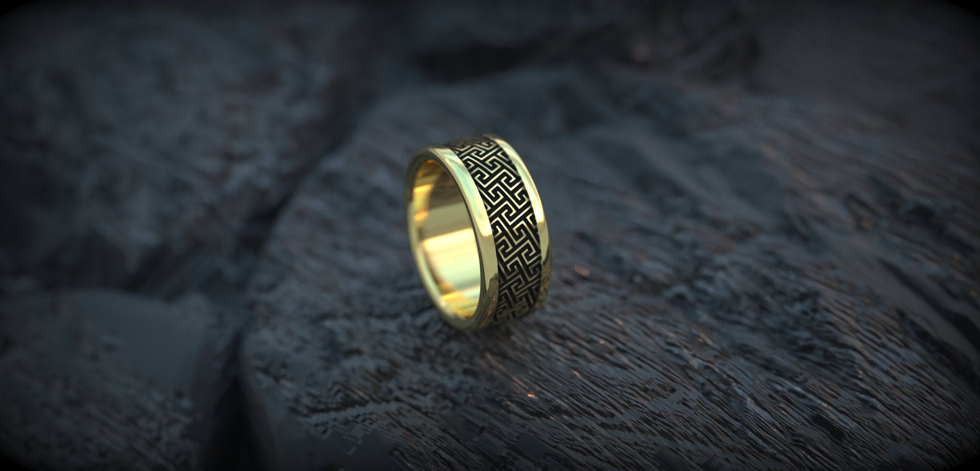 'Greek Key' Geometric Gold Ring