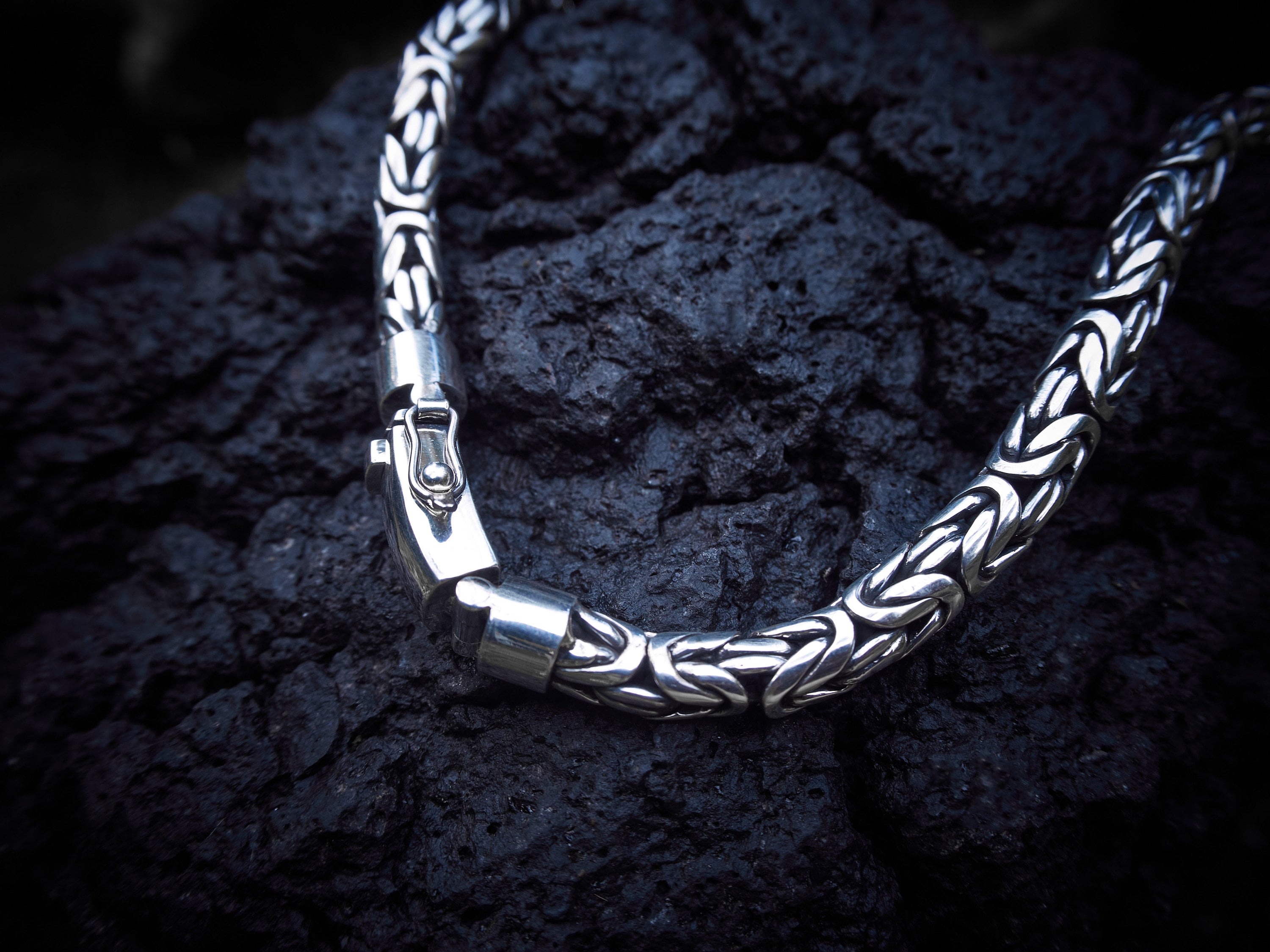 7mm Bali Byzantine chain photographed on dark background