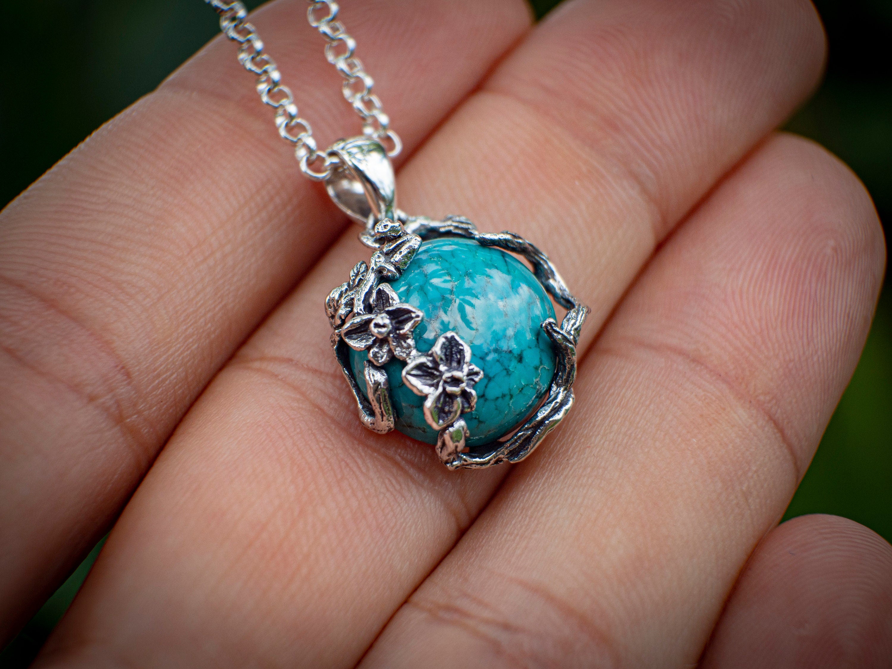Turquoise Necklace | Silver Branch Necklace | Flower Necklace | Turquoise Jewelry | Turquoise Flower | Twig Necklace | Silver twig necklace