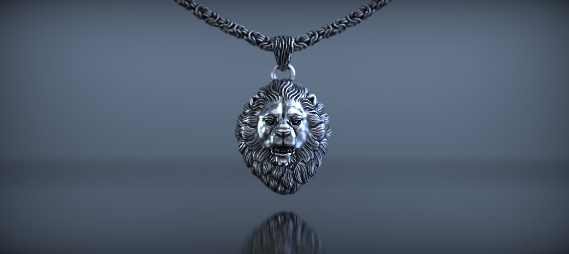 Wild lion necklace displayed on dark background