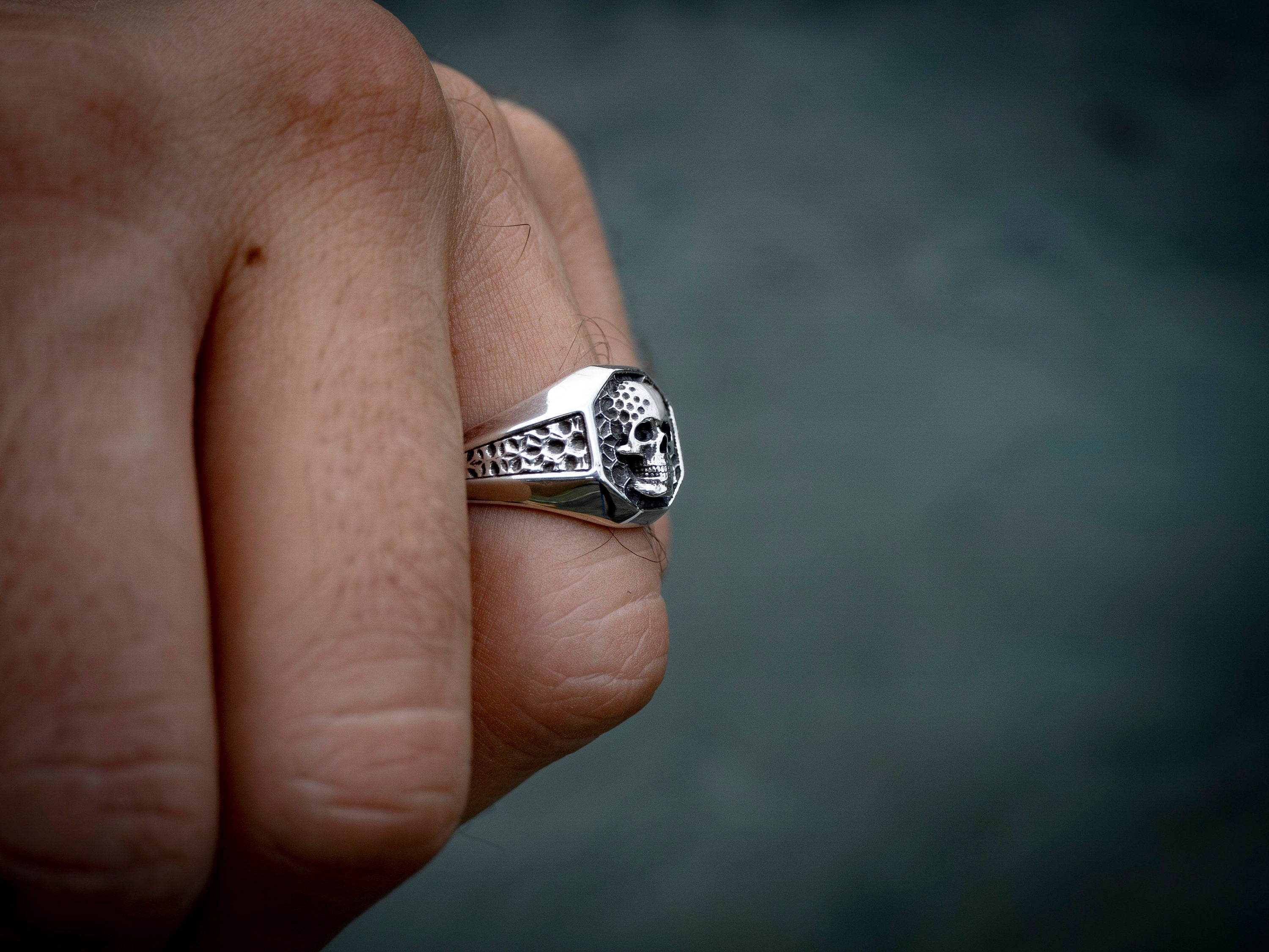 Silver Skull Signet Ring | Hexagon Skull Ring | Signet Ring Men | Unique Skull Ring | Skull Ring Silver