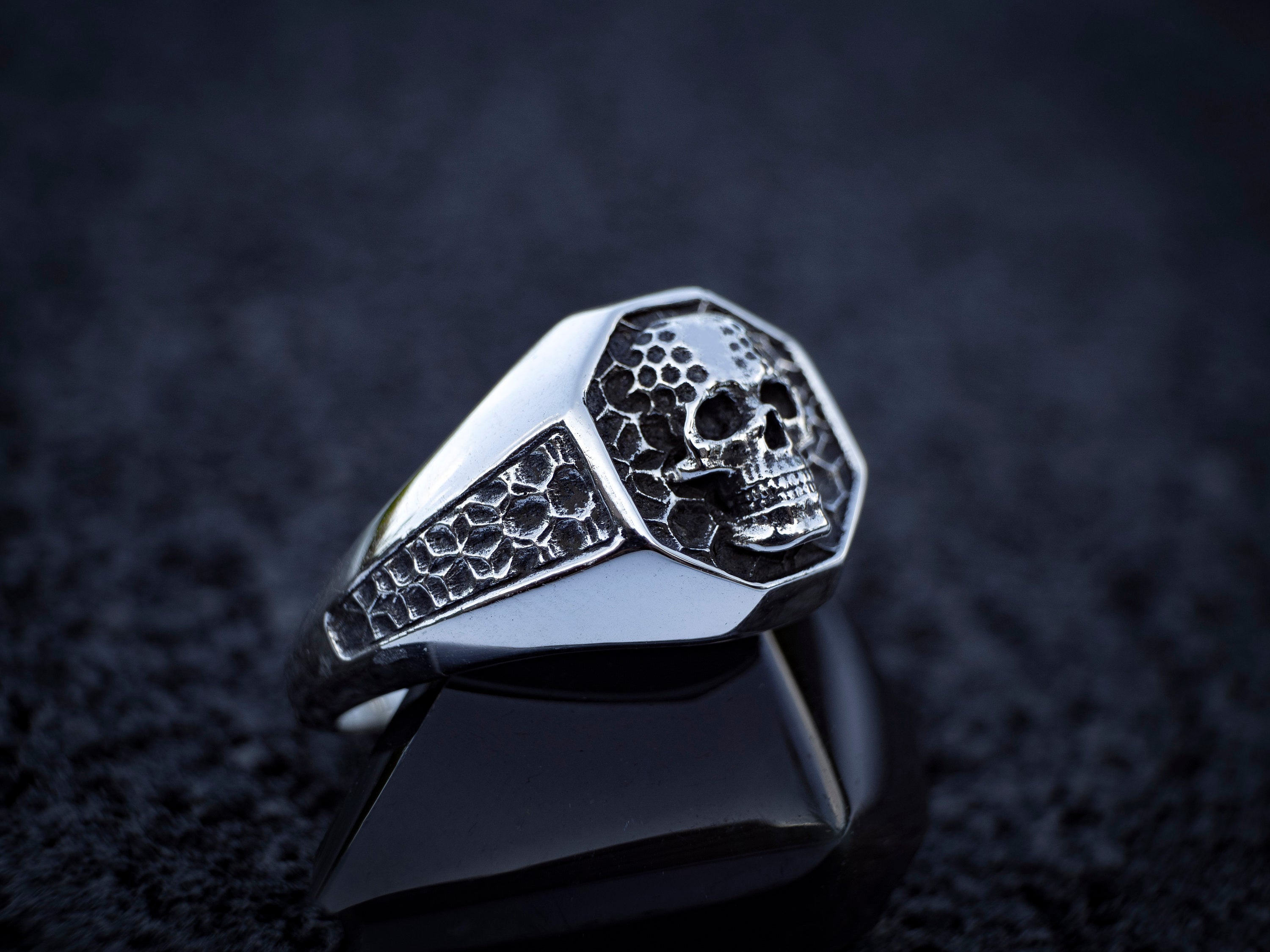 Silver Skull Signet Ring | Hexagon Skull Ring | Signet Ring Men | Unique Skull Ring | Skull Ring Silver