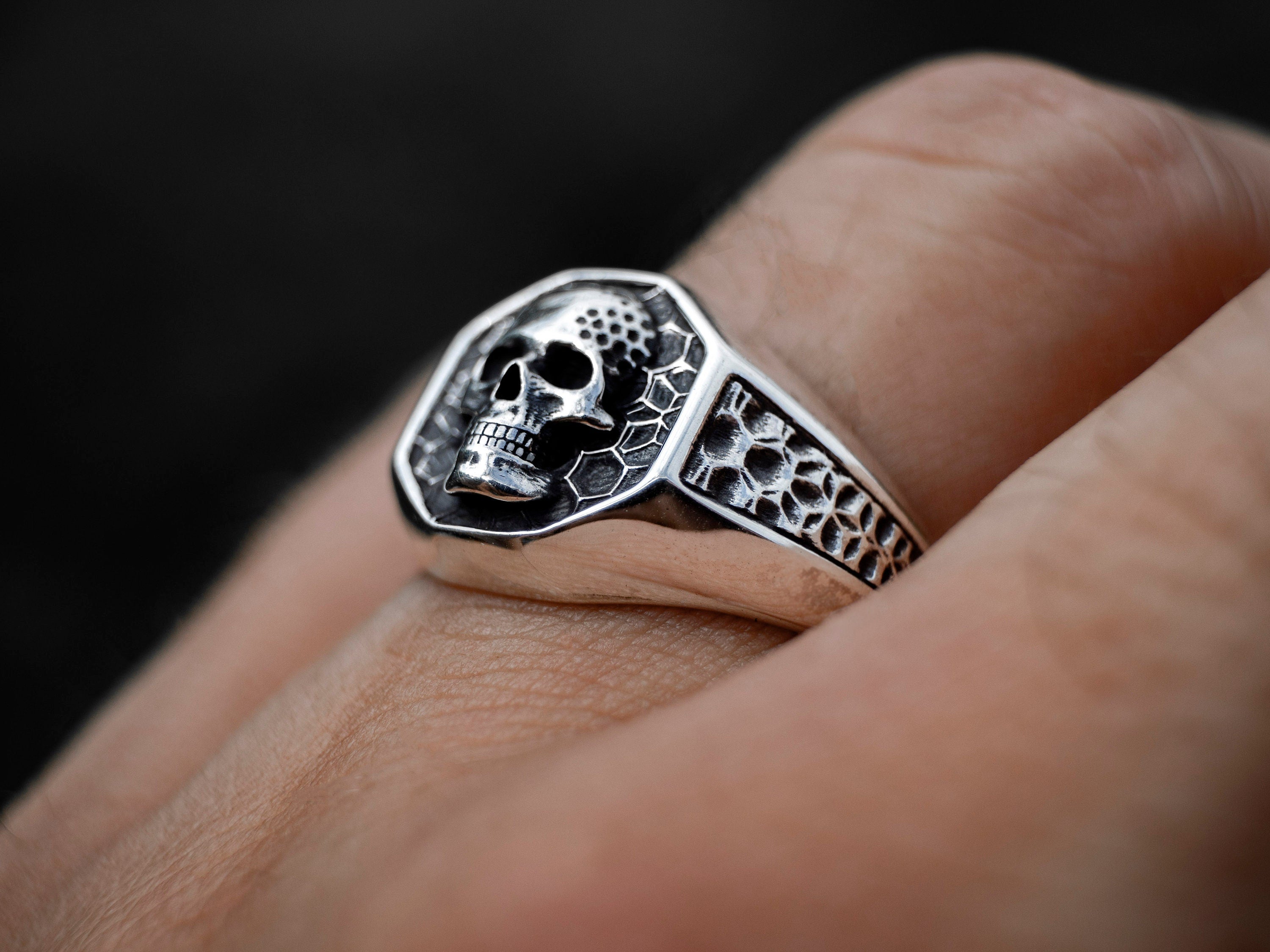 Silver Skull Signet Ring | Hexagon Skull Ring | Signet Ring Men | Unique Skull Ring | Skull Ring Silver