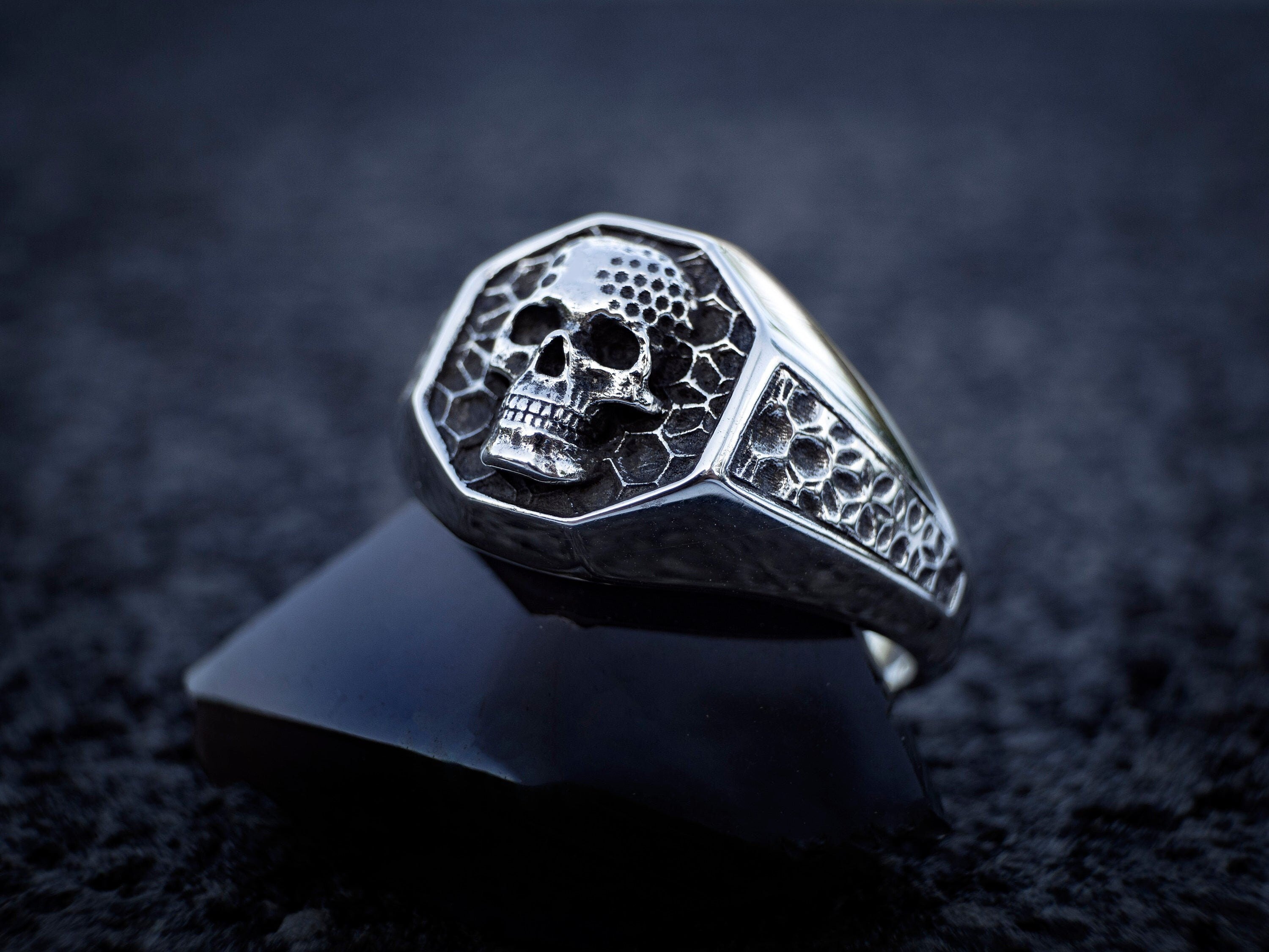 Silver Skull Signet Ring | Hexagon Skull Ring | Signet Ring Men | Unique Skull Ring | Skull Ring Silver
