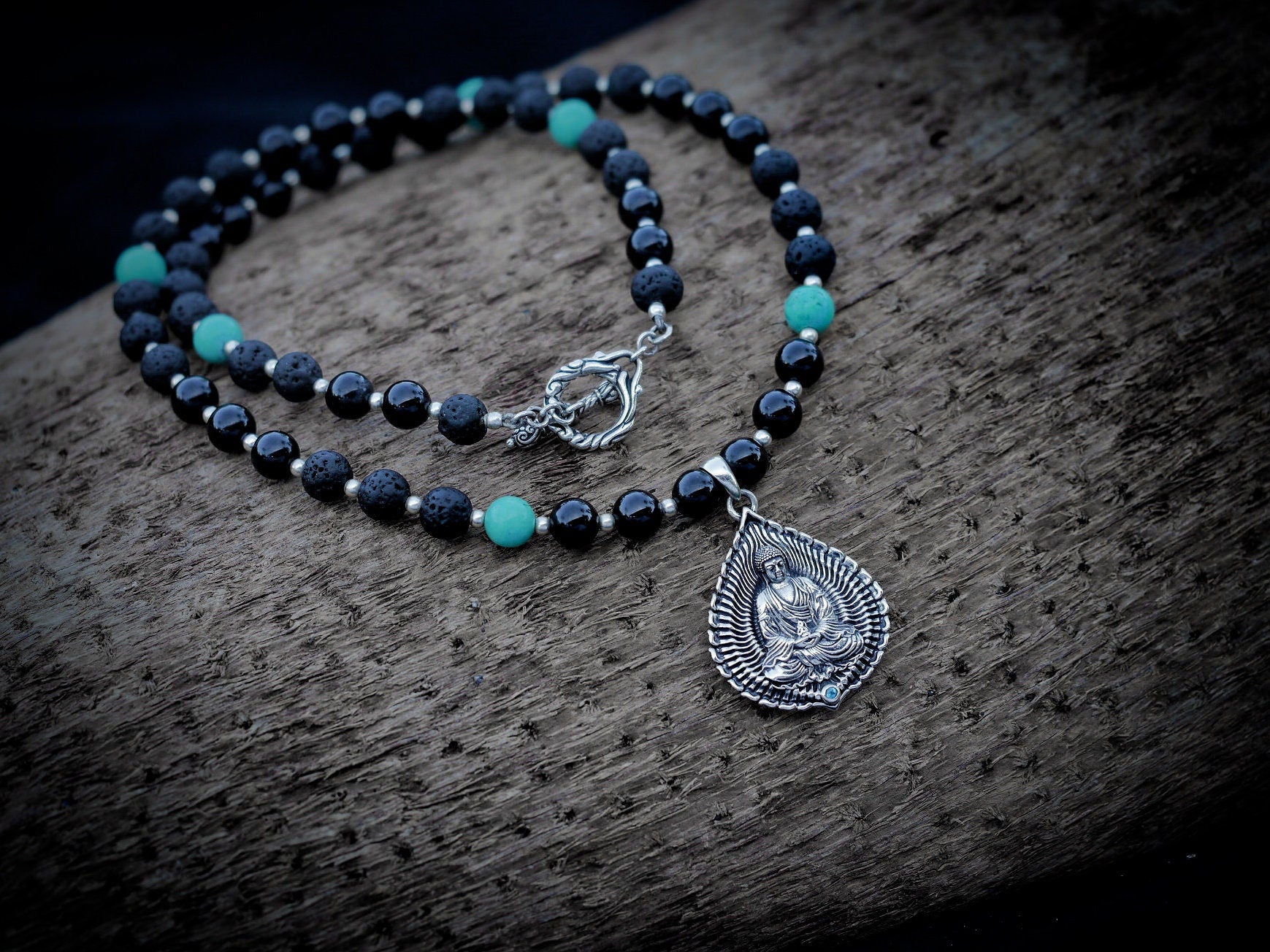 Silver Buddha Necklace | Mala Beads Necklace | Medicine Buddha Necklace | Black Mala Necklace | Buddha Mala Bead