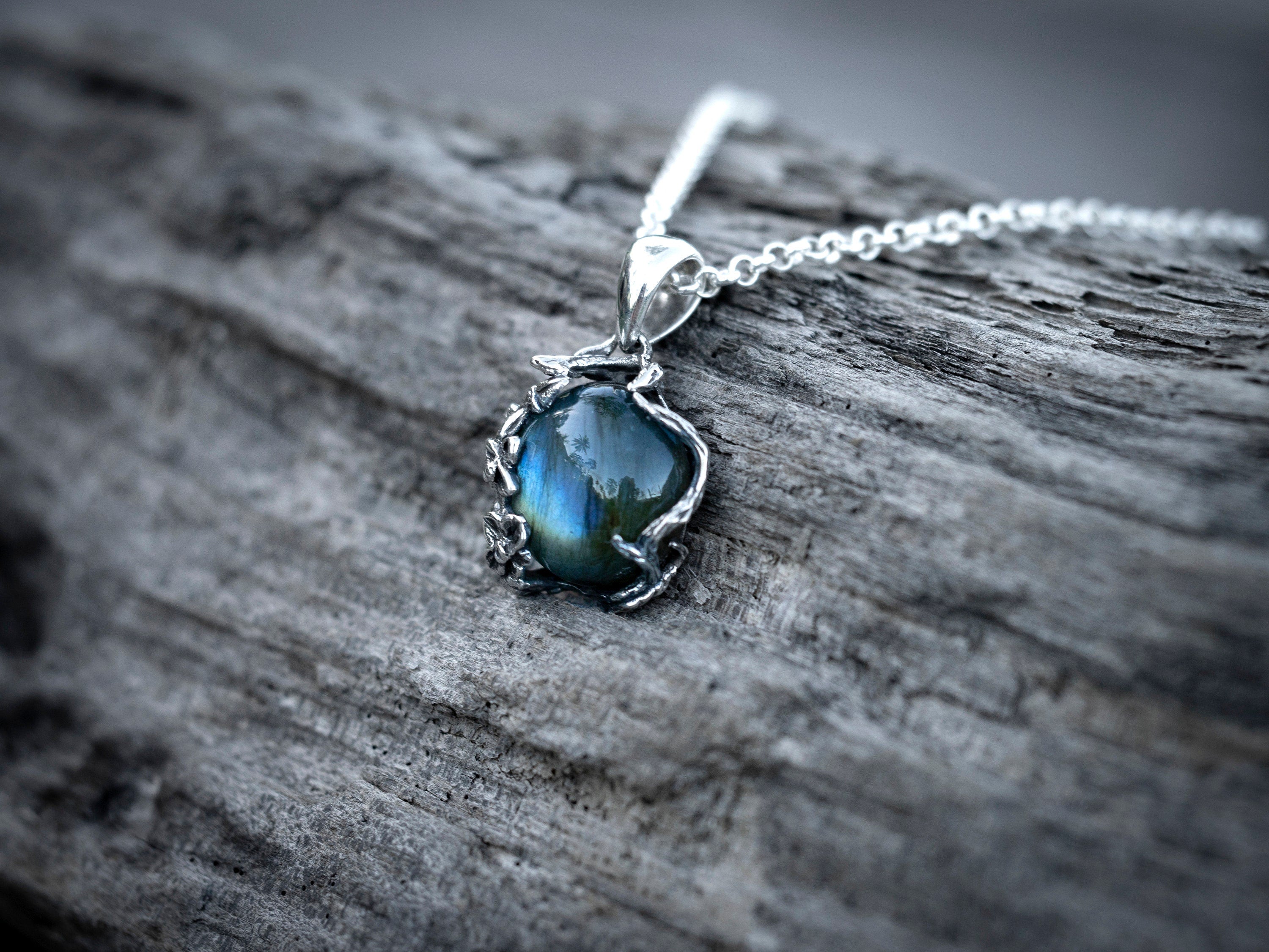 Labradorite Flower Necklace | Silver Flower Necklace | Branch Necklace Silver | Labradorite Jewelry | Silver Twig Necklace