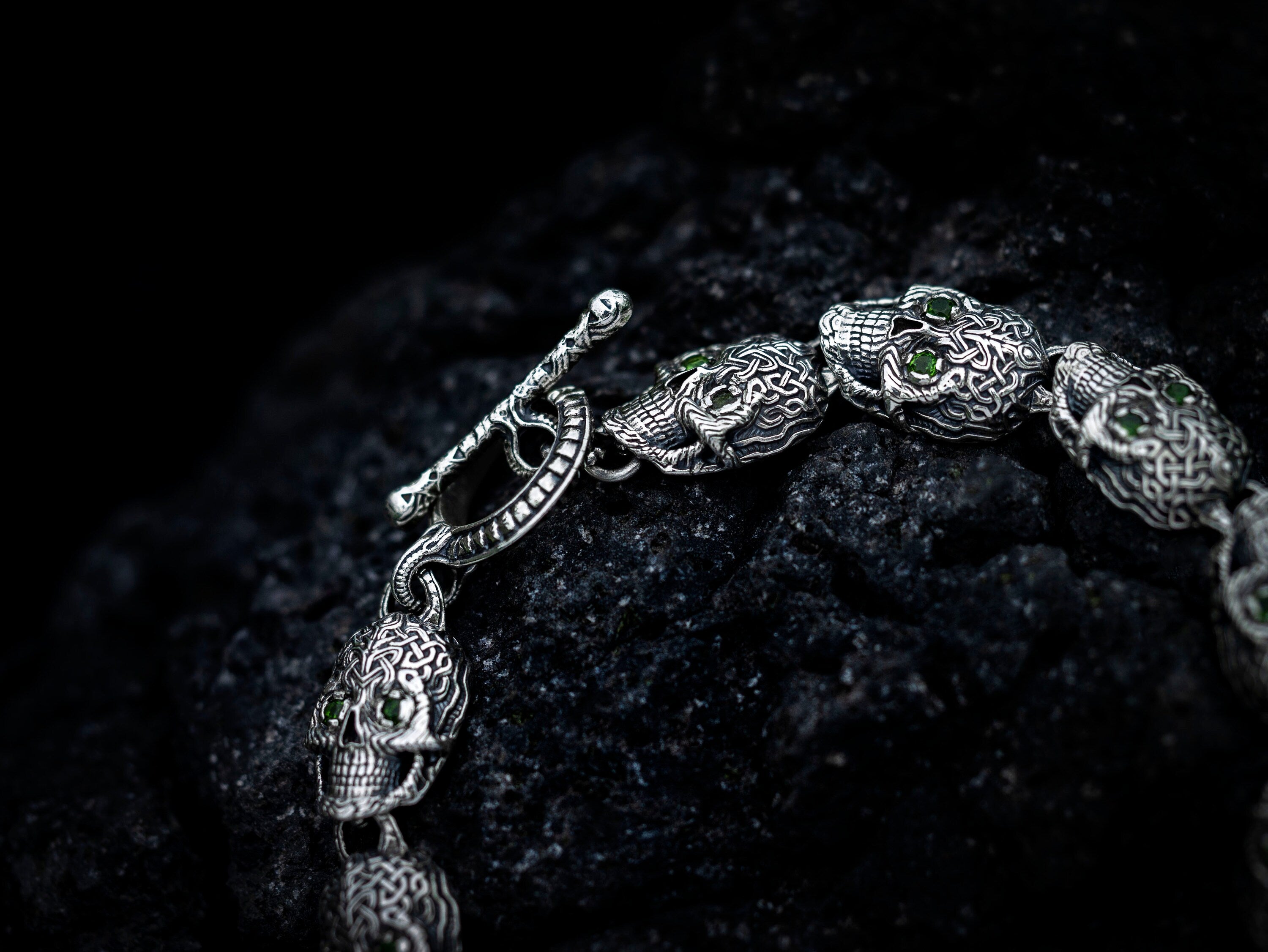 Silver Skull Bracelet with Gemstones