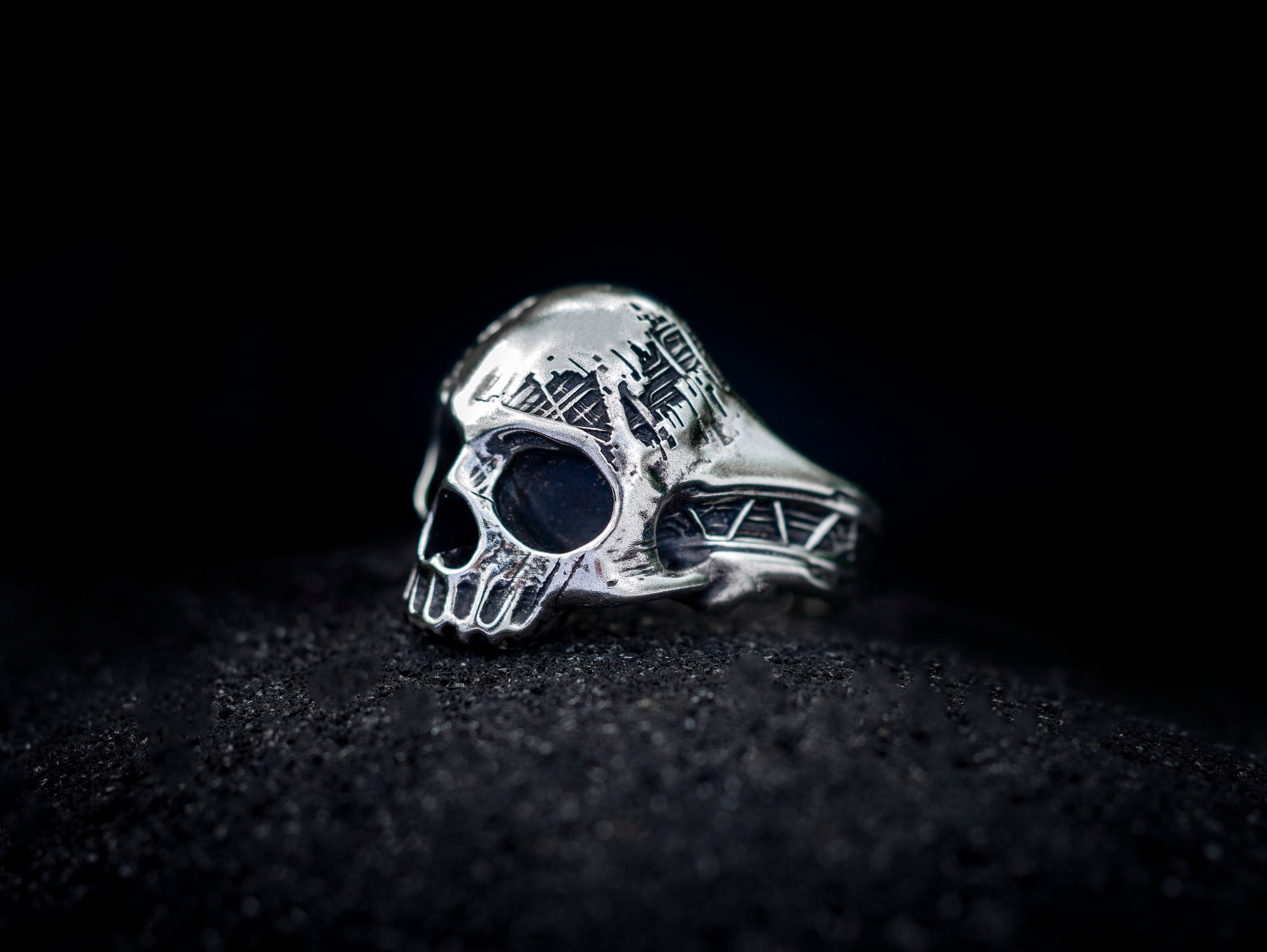 Men's Silver Skull Ring | Cyborg Biomech Design | Unique Statement Jewelry | Bold Skull Ring for Men | Heavy Silver Gothic Ring
