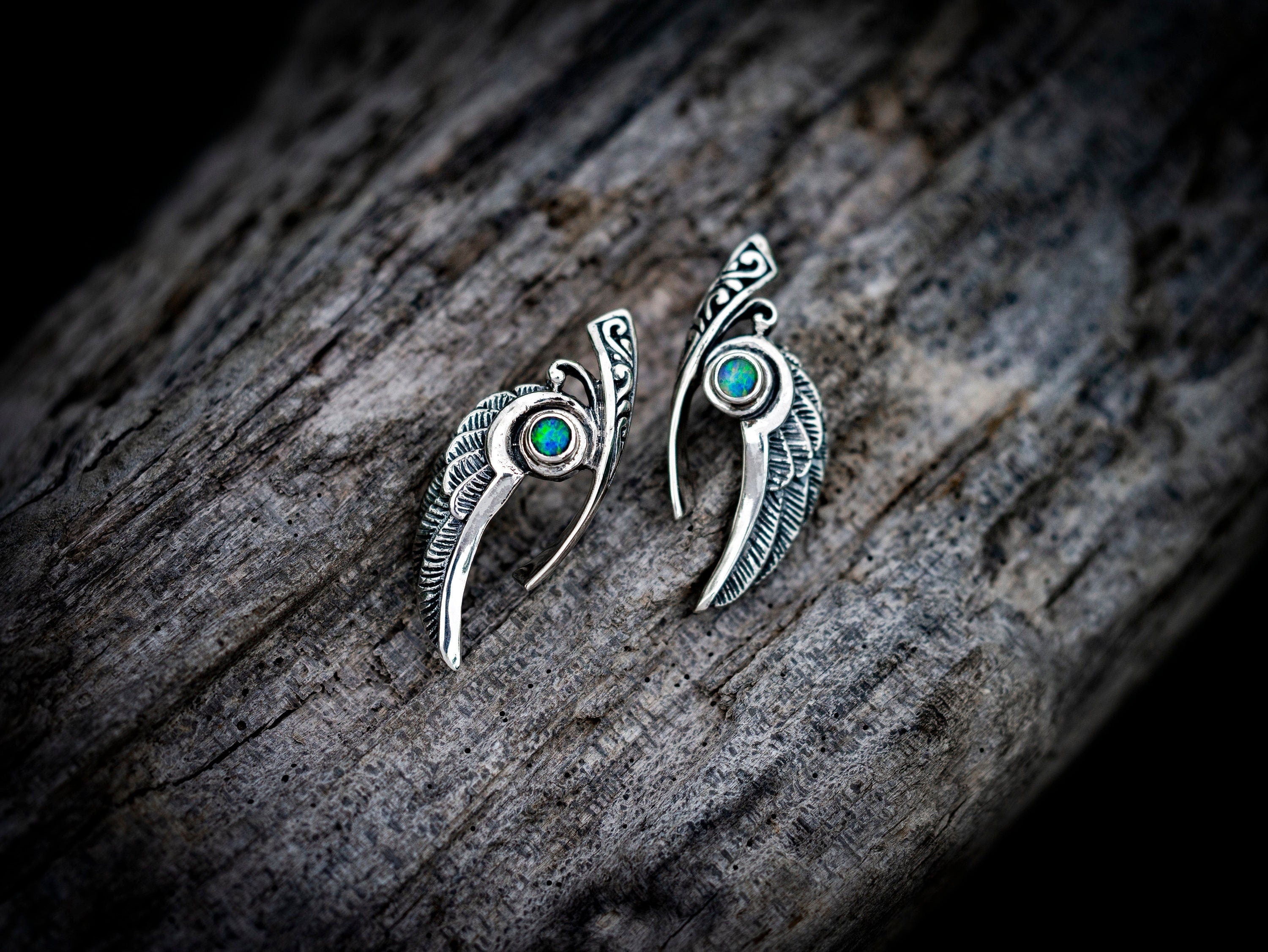Australian Opal Silver Wing Earrings | Opal Feather Earrings | Bird Wing Earrings