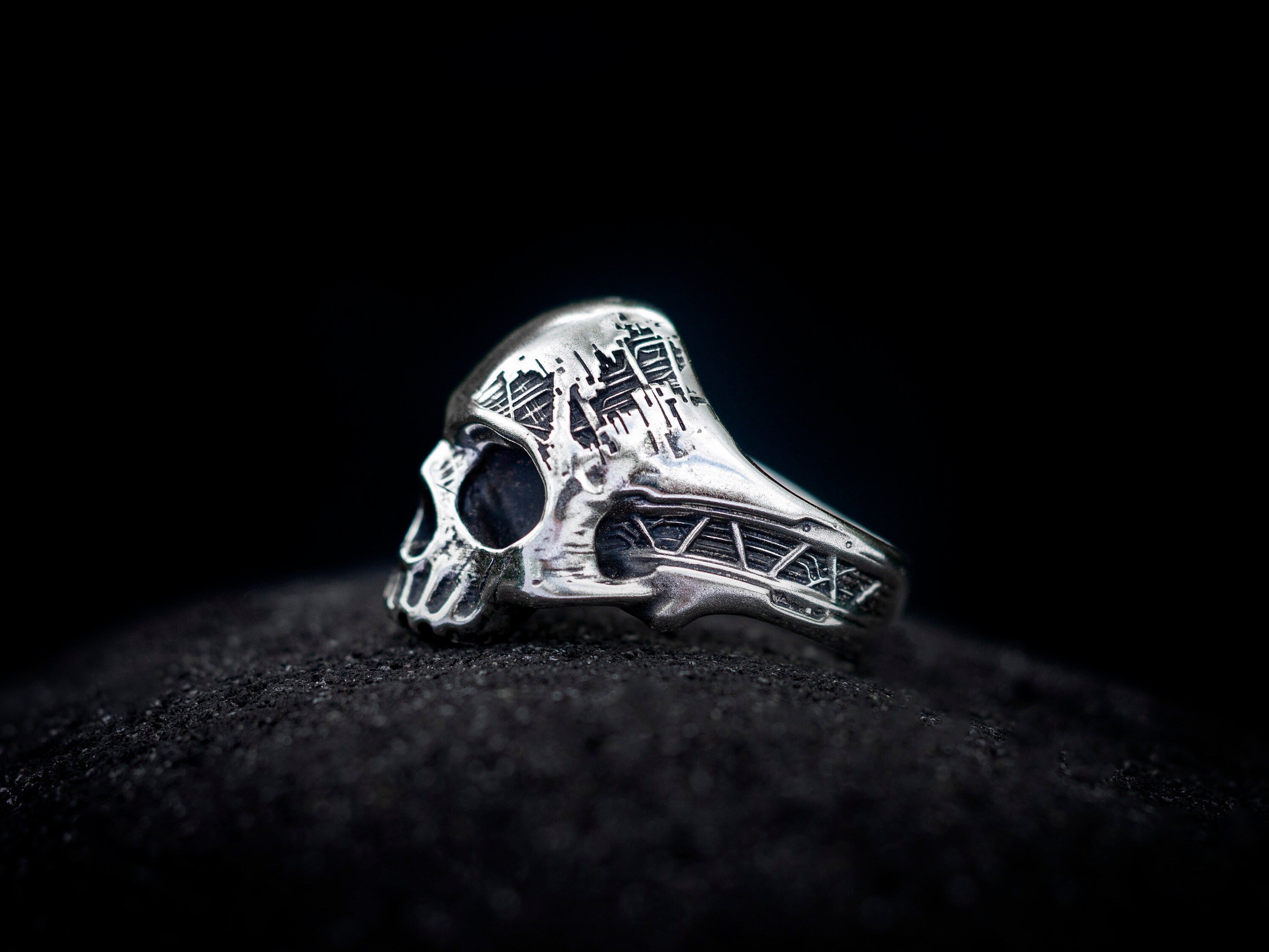 Men's Silver Skull Ring | Cyborg Biomech Design | Unique Statement Jewelry | Bold Skull Ring for Men | Heavy Silver Gothic Ring
