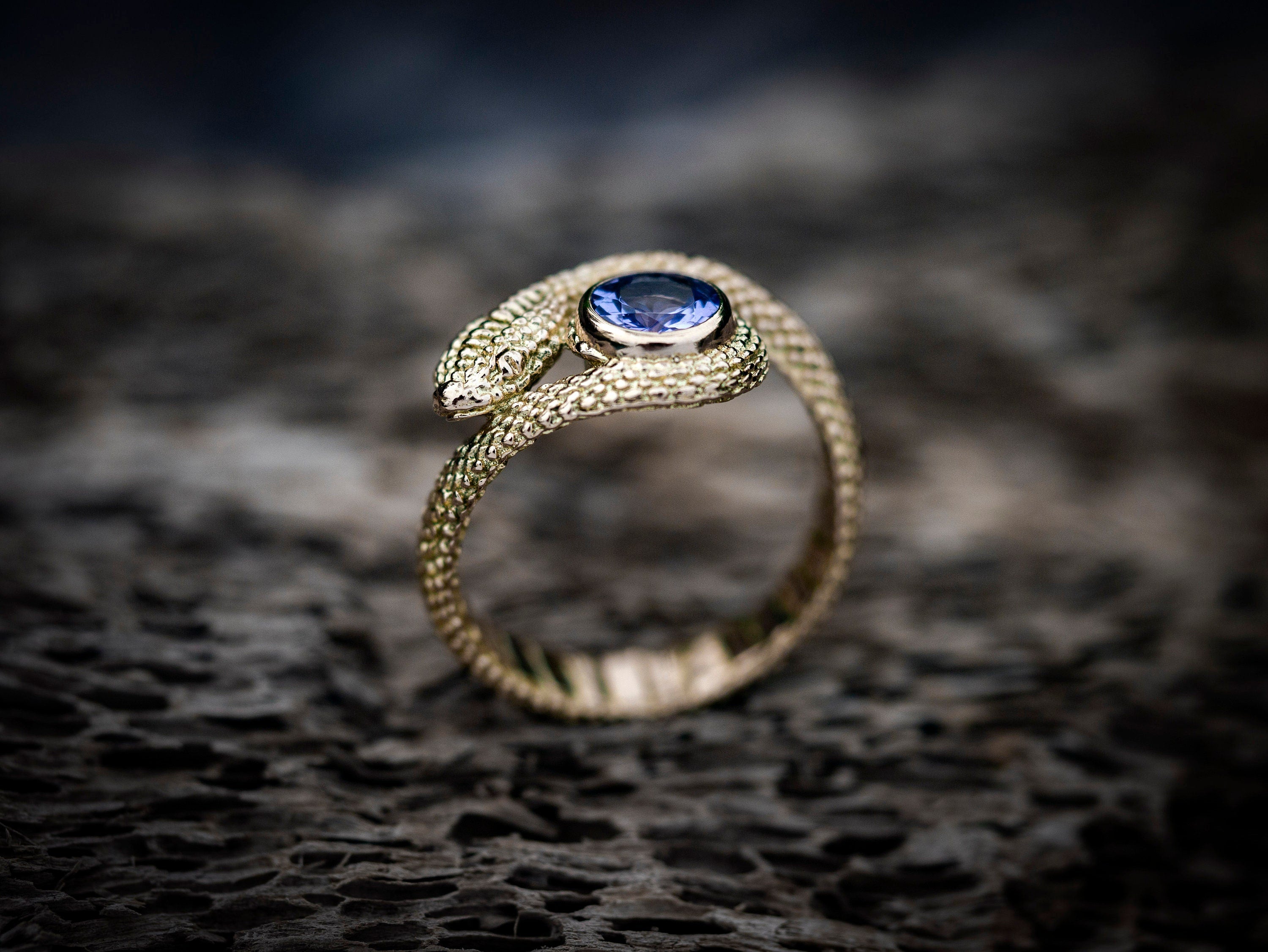 Solid Gold Snake Ring with Gemstone