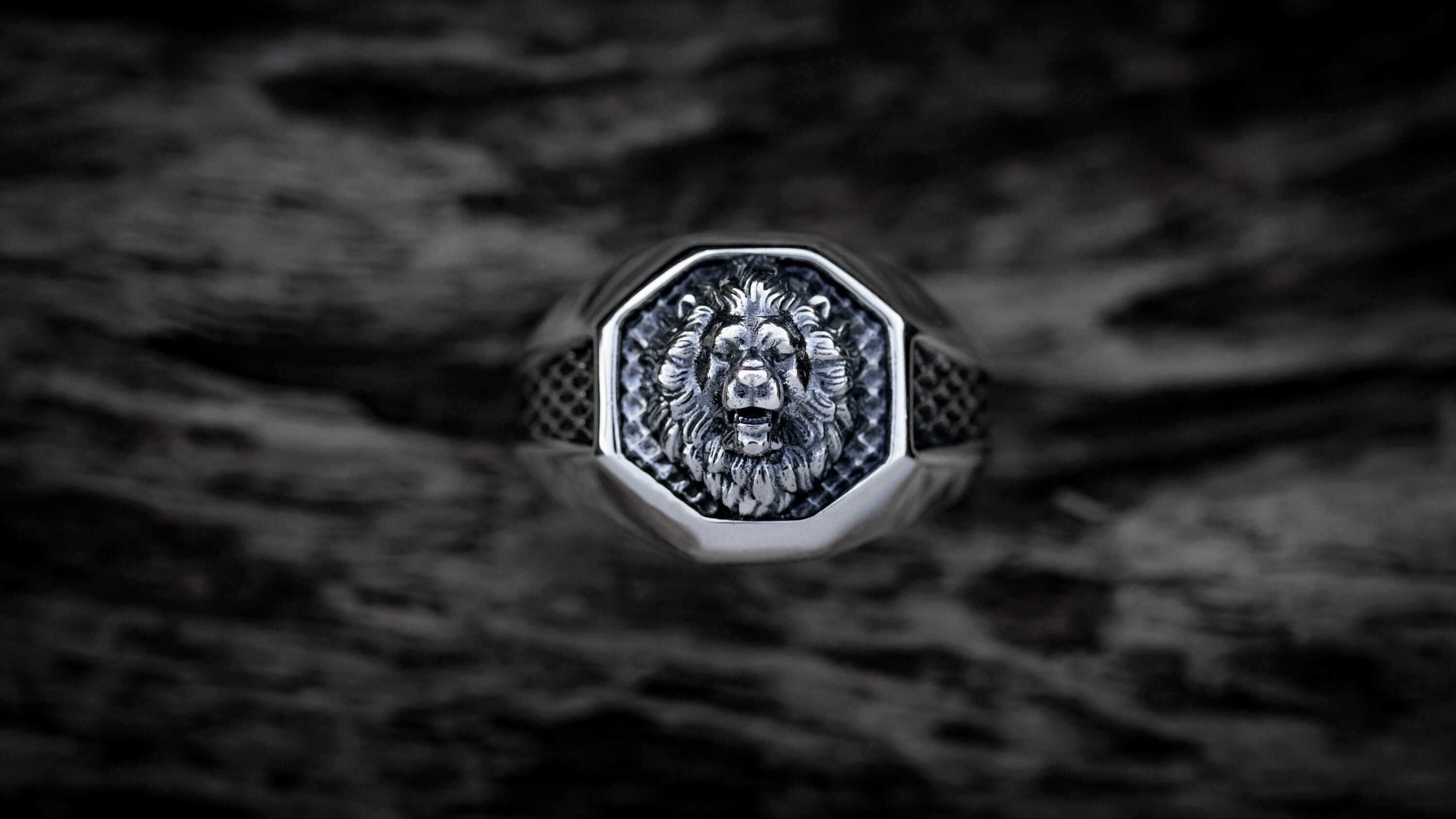 Lion Head Signet Ring | Mens Silver Lion Ring | Lion Ring Men | Silver Men Ring | Zodiac Lion Ring | Silver Animal ring