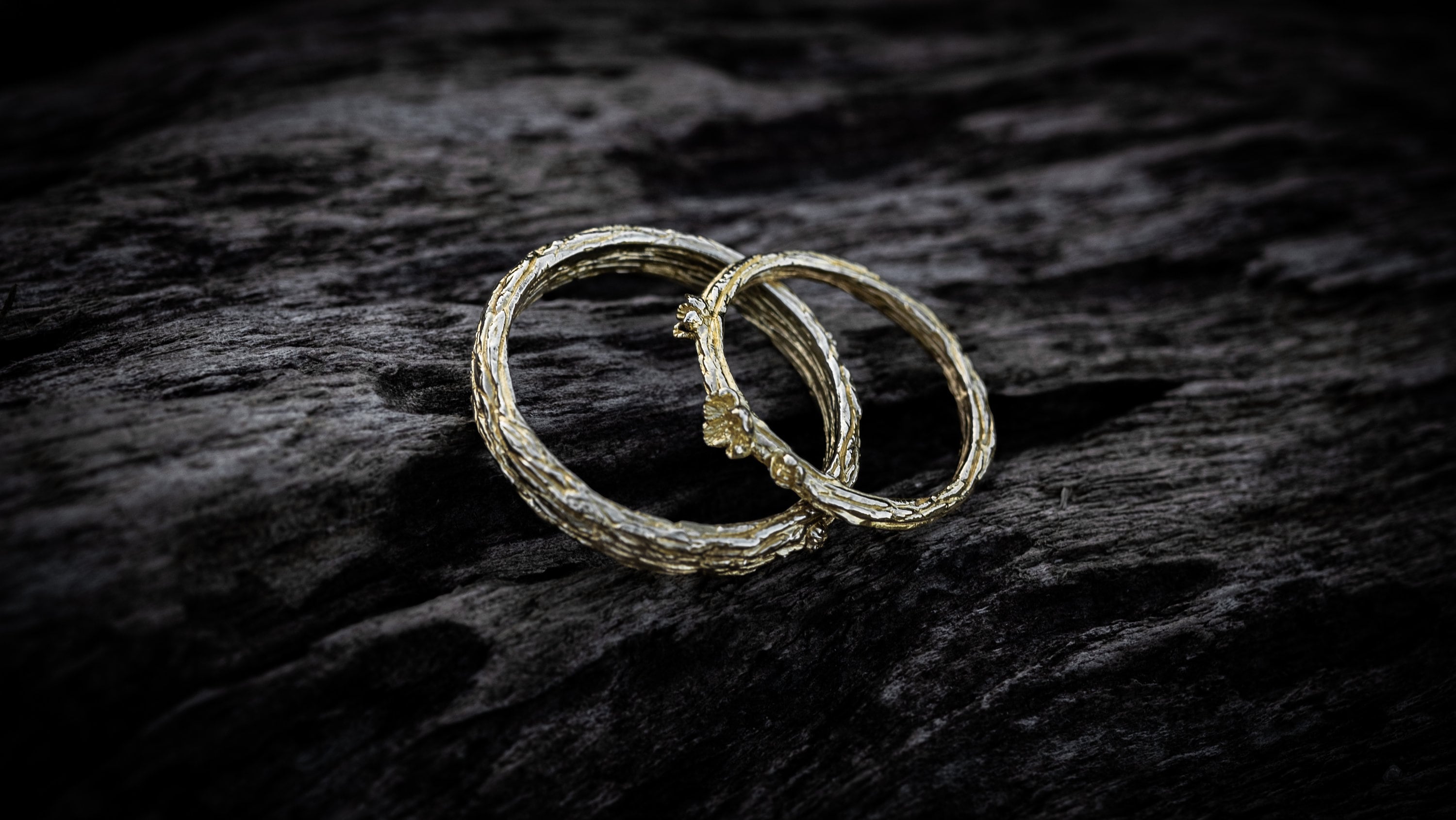 Textured gold wedding ring set with organic handmade finish