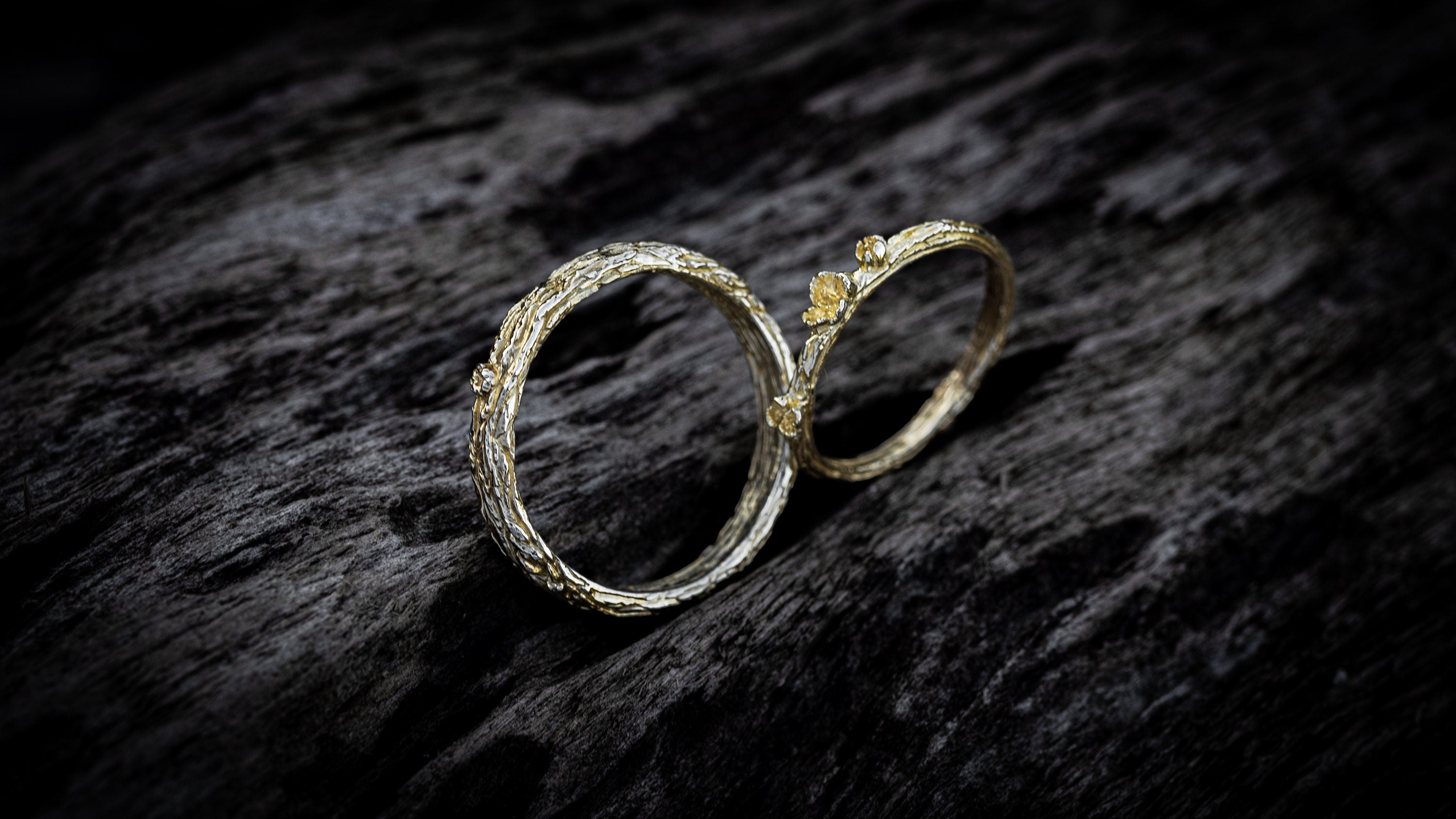 14K Gold Tree Bark Rings Set