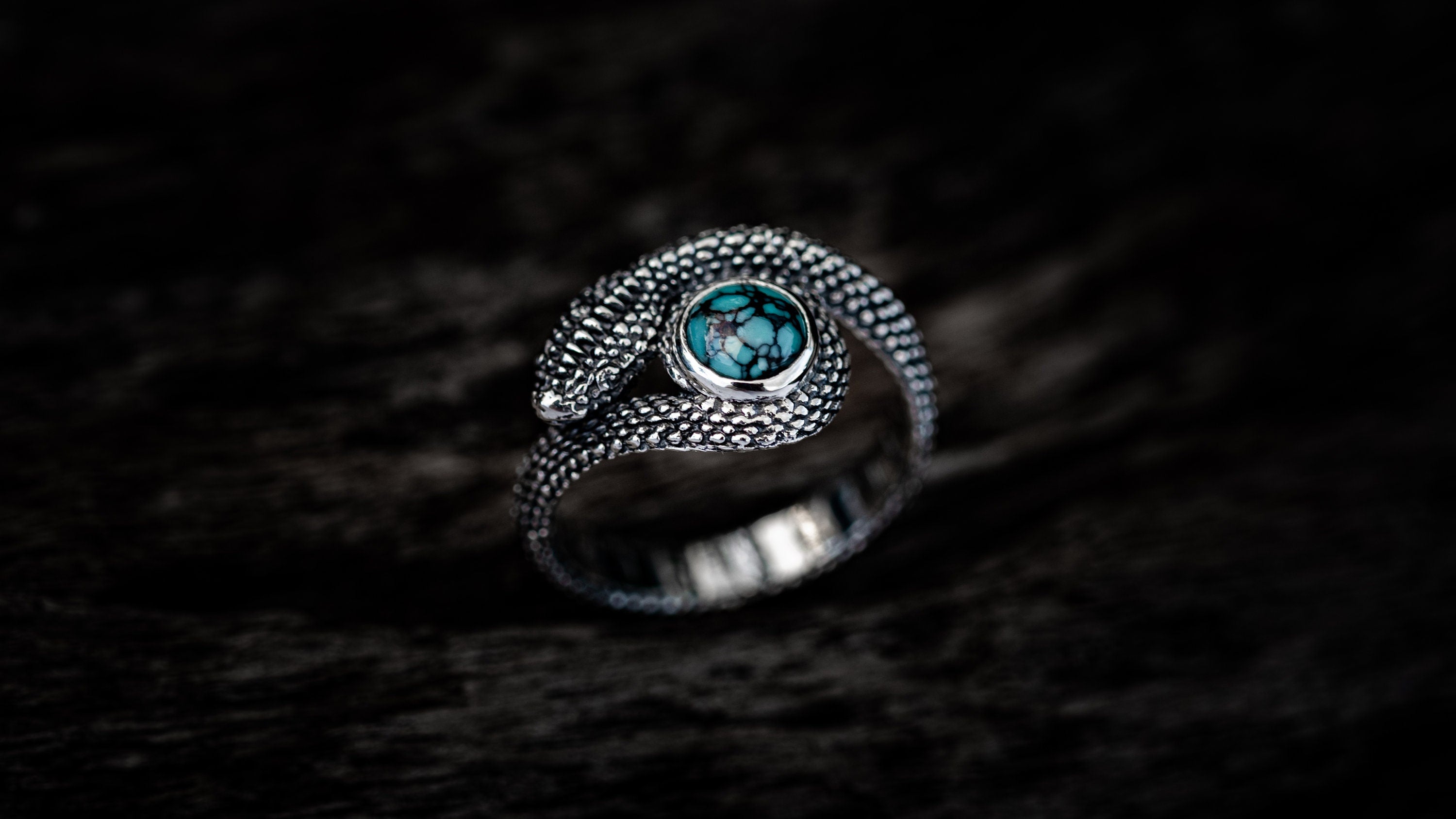 Silver serpent ring photographed from front angle