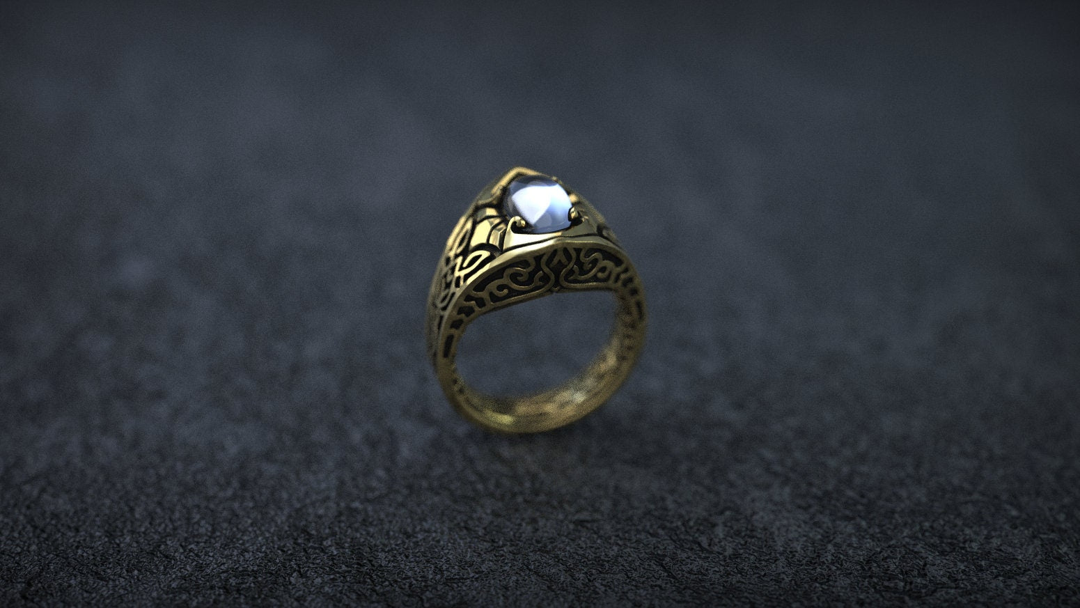 Gold Viking wedding band shown from angled profile