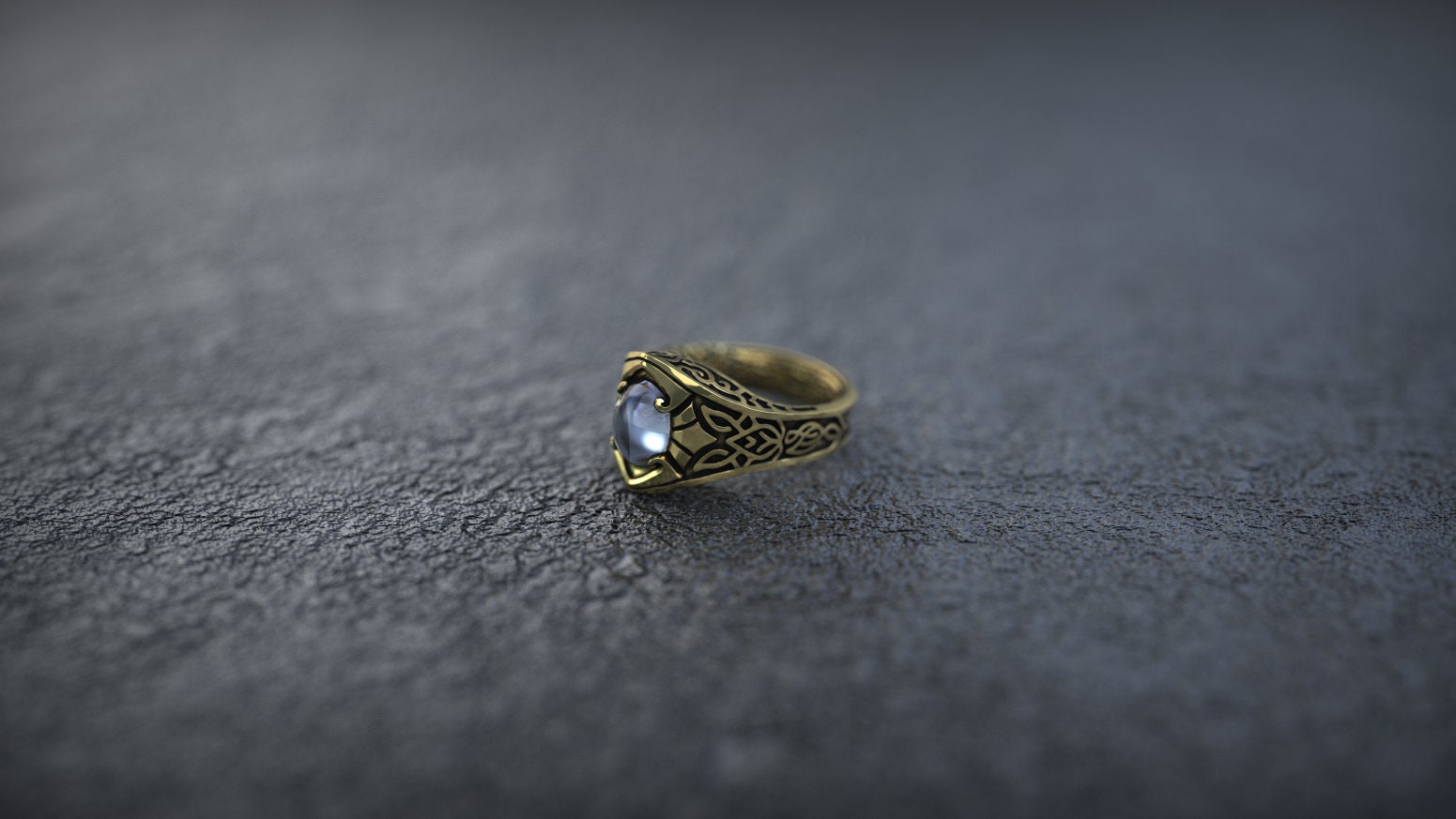 14K gold Celtic knot wedding band on dark background