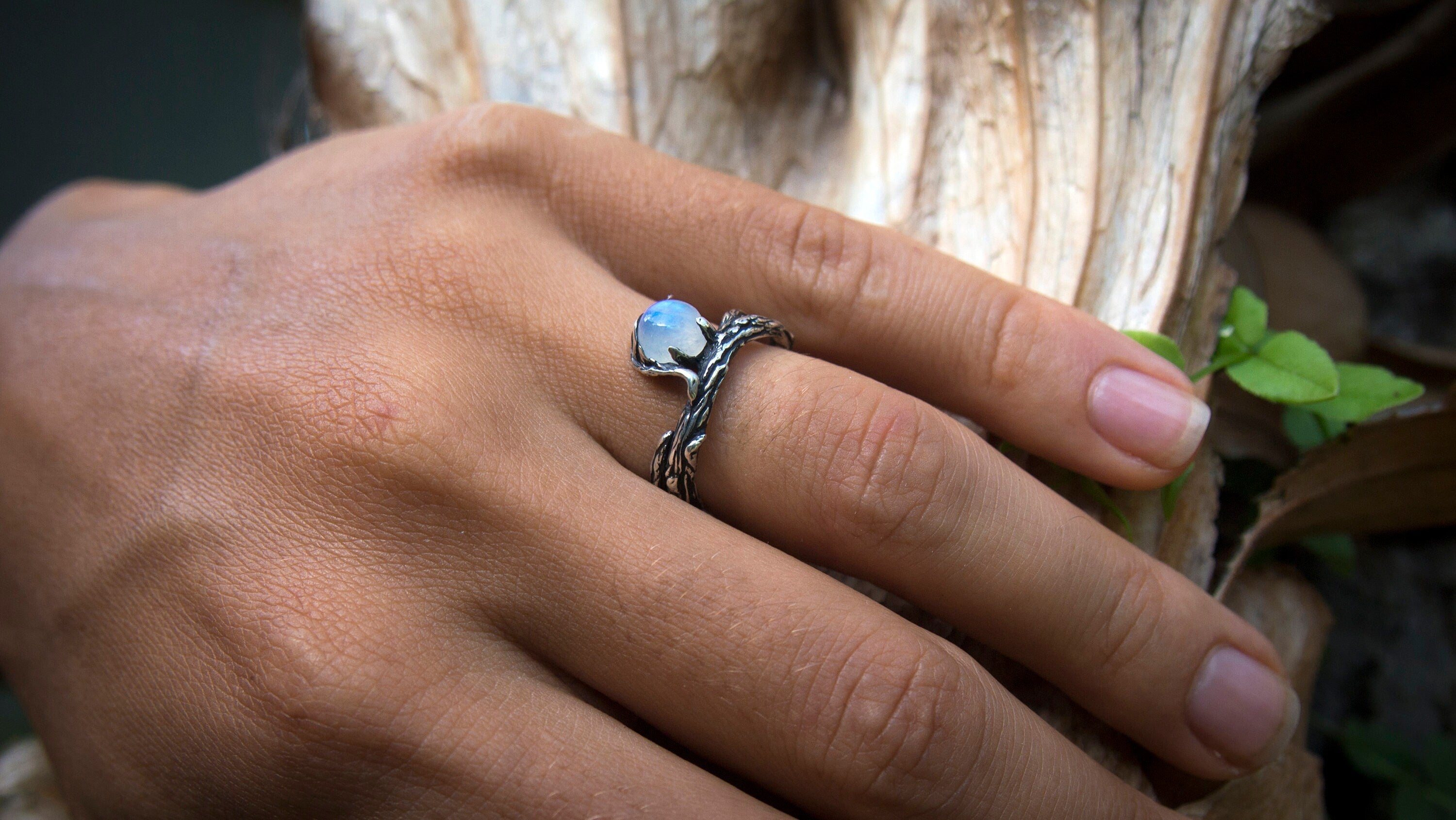 Handmade twig ring with opal gemstone and forest-inspired detail
