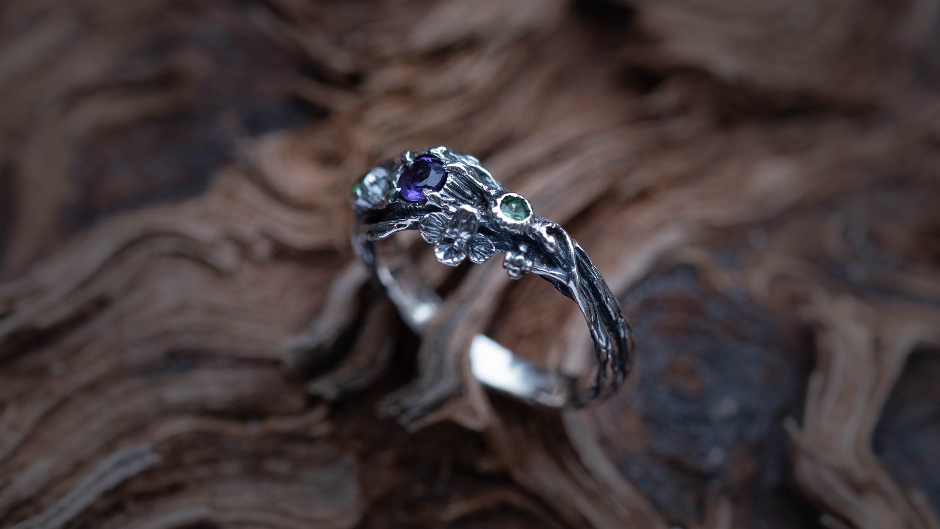 Silver Twig Engagement Ring With Amethyst | Nature-Inspired Elven Ring | Sterling Silver Branch Ring | Tree Branch Ring | Boho Jewelry