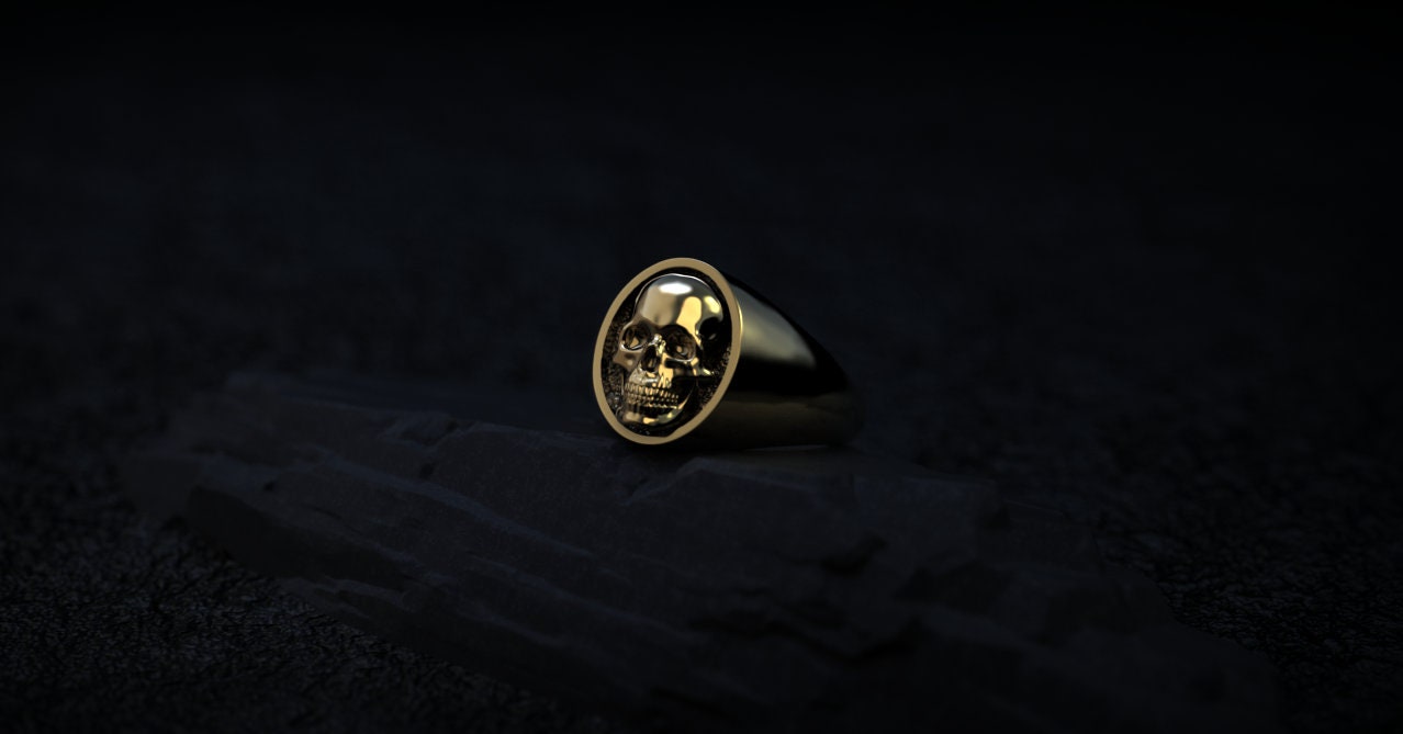 14K Gold Skull Ring | Gold Signet Ring | Mens Skull Ring | Skull Rings | Goth Ring | Biker Ring | Skull Ring Men, Gold Jewelry