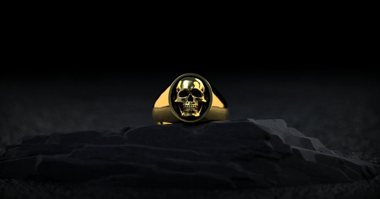 14K Gold Skull Ring | Gold Signet Ring | Mens Skull Ring | Skull Rings | Goth Ring | Biker Ring | Skull Ring Men, Gold Jewelry