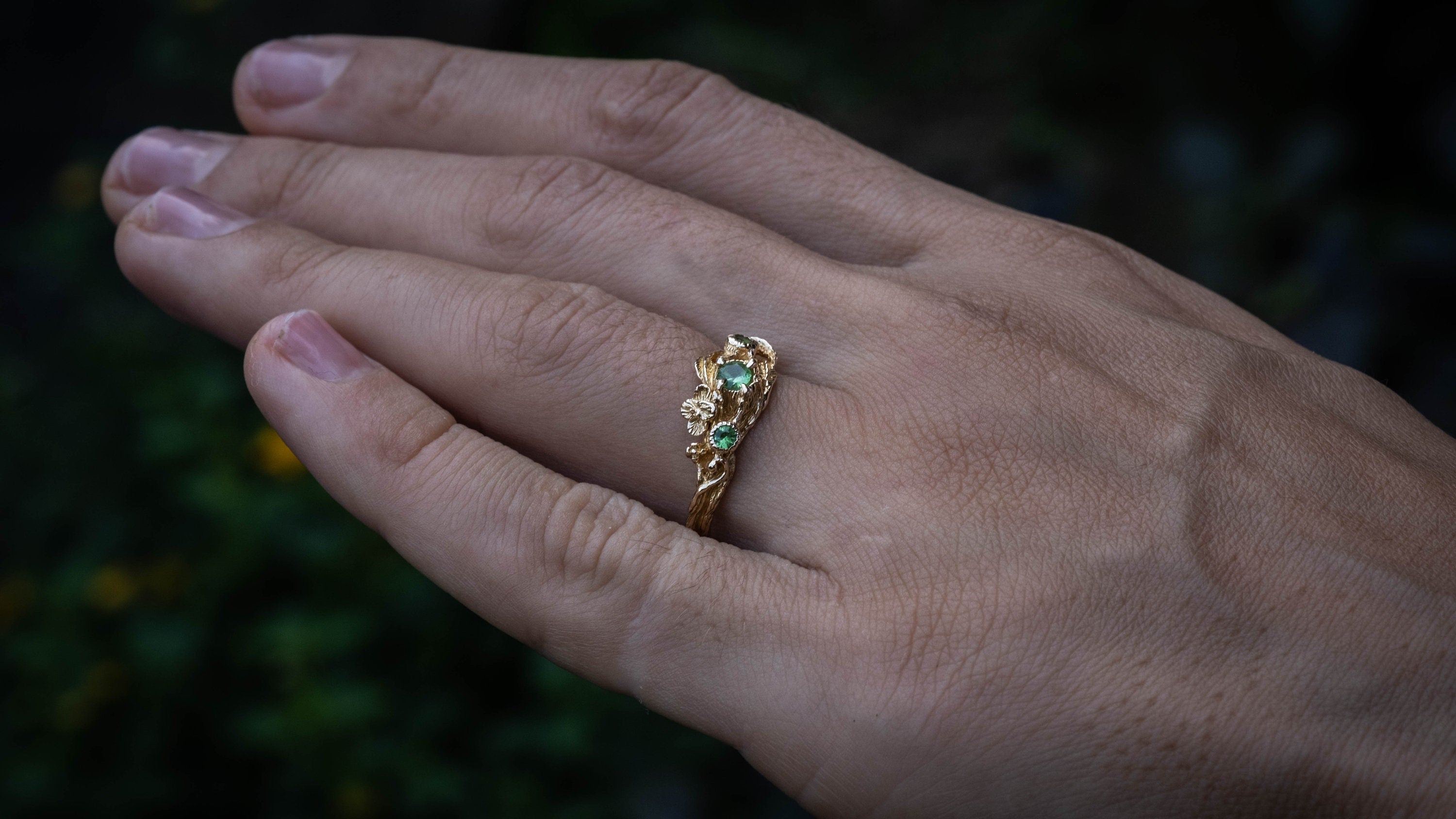 14K Yellow Gold Twig Engagement Ring | Gold Branch Engagement Ring 'Ria' | Tree Branch Ring with Leaves and Flower | Heart Chakra Jewelry