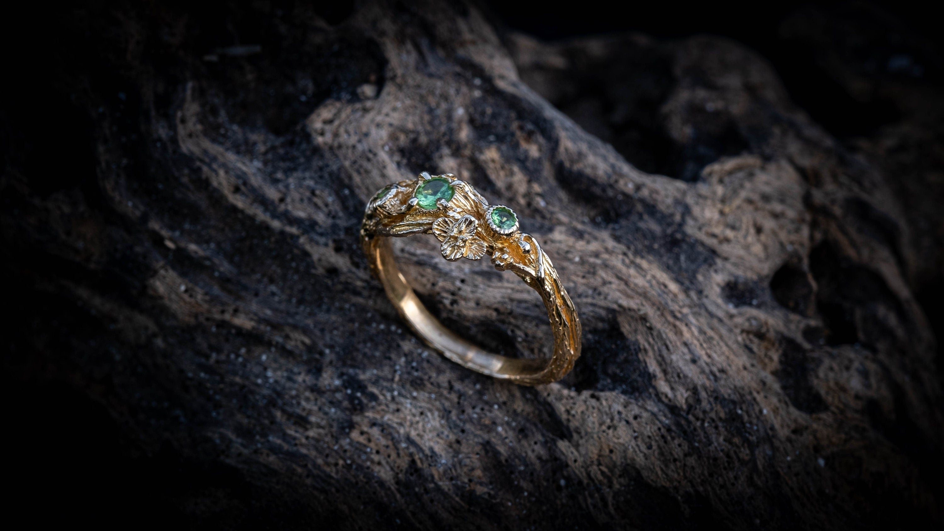 14K Yellow Gold Twig Engagement Ring | Gold Branch Engagement Ring 'Ria' | Tree Branch Ring with Leaves and Flower | Heart Chakra Jewelry