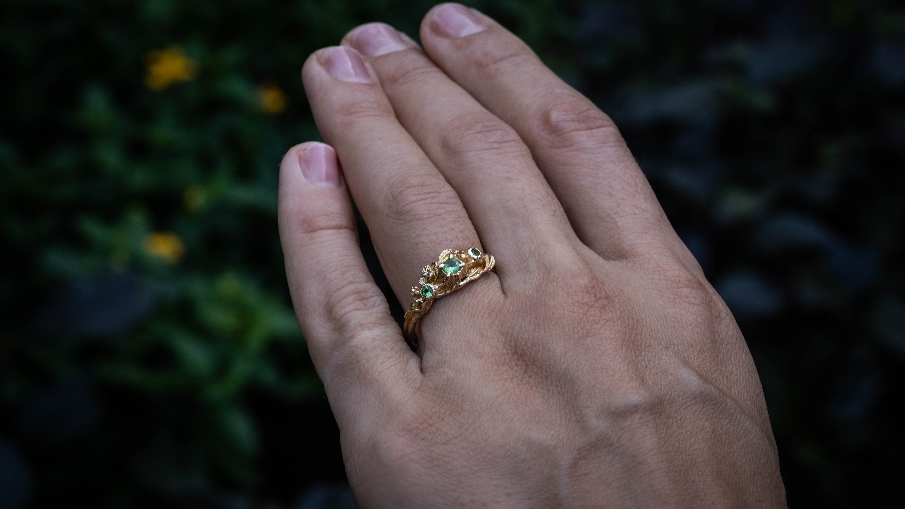 14K Yellow Gold Twig Engagement Ring | Gold Branch Engagement Ring 'Ria' | Tree Branch Ring with Leaves and Flower | Heart Chakra Jewelry