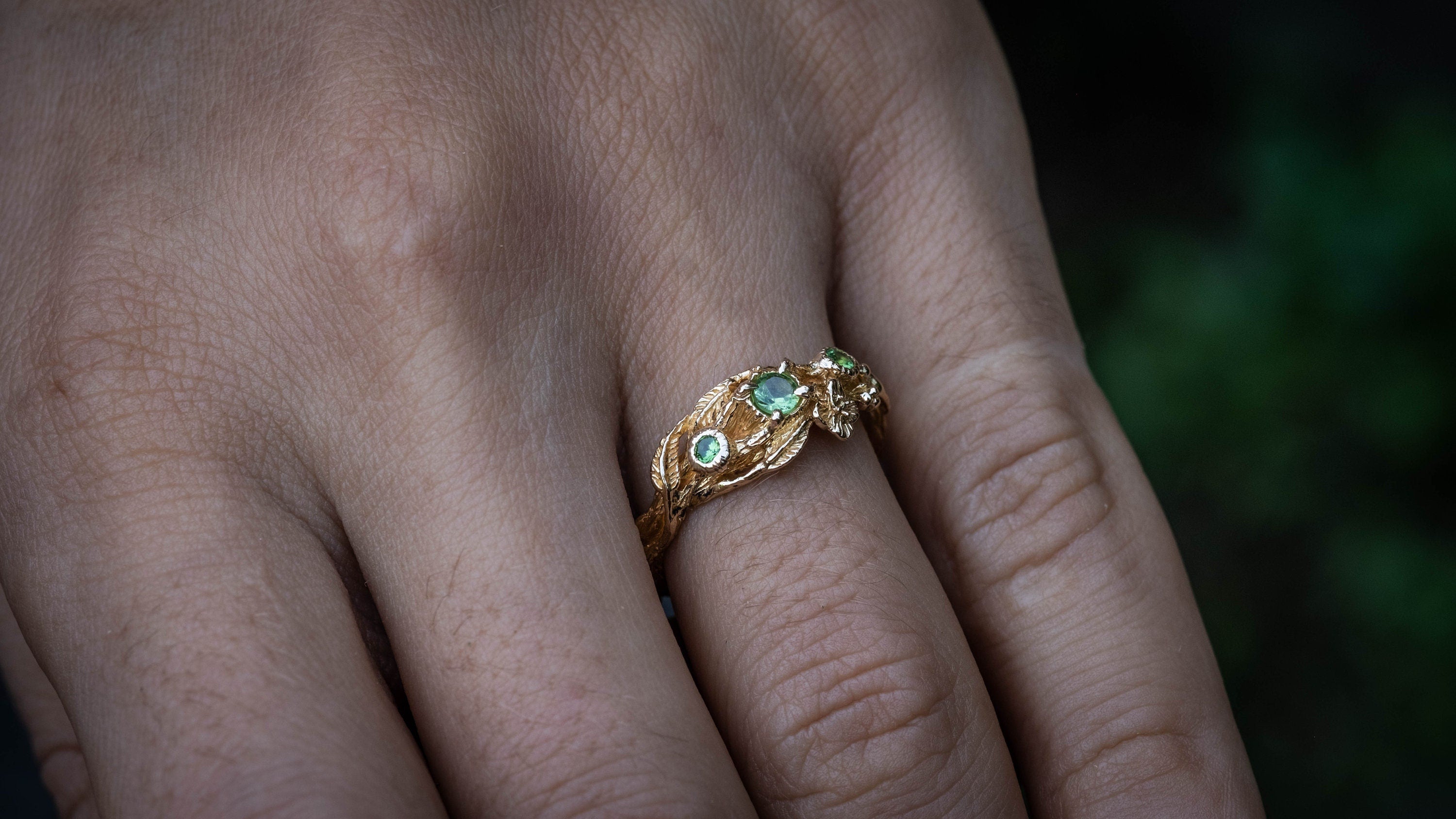 14K Yellow Gold Twig Engagement Ring | Gold Branch Engagement Ring 'Ria' | Tree Branch Ring with Leaves and Flower | Heart Chakra Jewelry