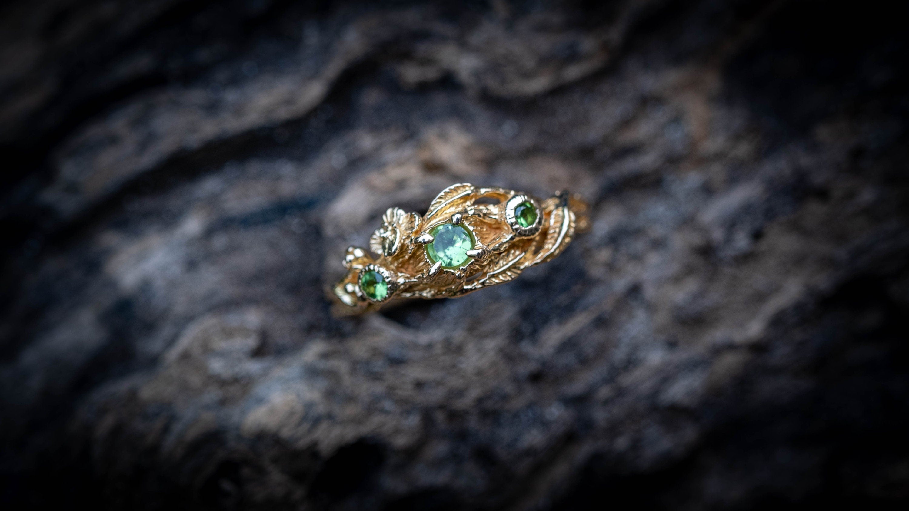 14K Yellow Gold Twig Engagement Ring | Gold Branch Engagement Ring 'Ria' | Tree Branch Ring with Leaves and Flower | Heart Chakra Jewelry