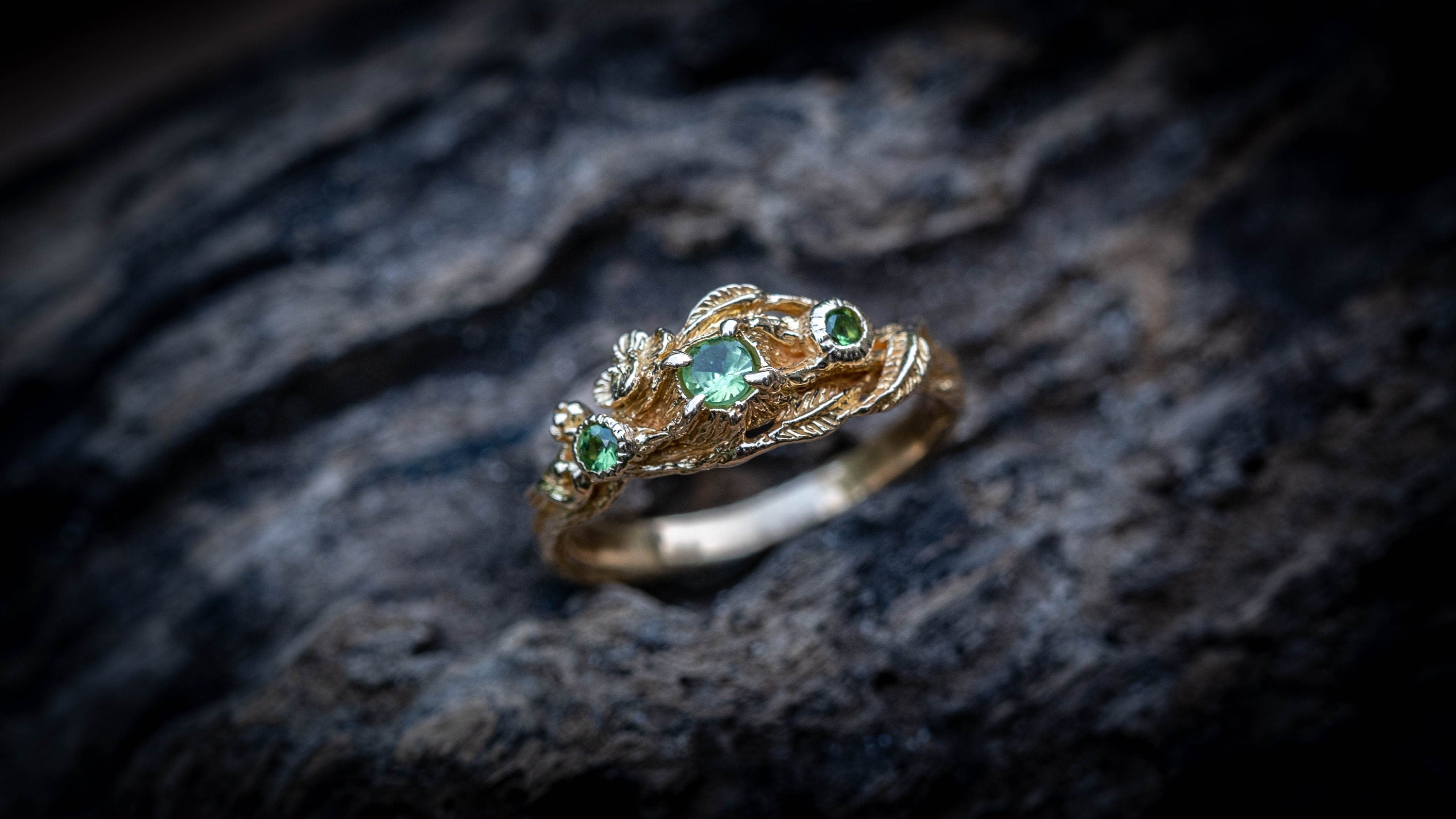 14K Yellow Gold Twig Engagement Ring | Gold Branch Engagement Ring 'Ria' | Tree Branch Ring with Leaves and Flower | Heart Chakra Jewelry