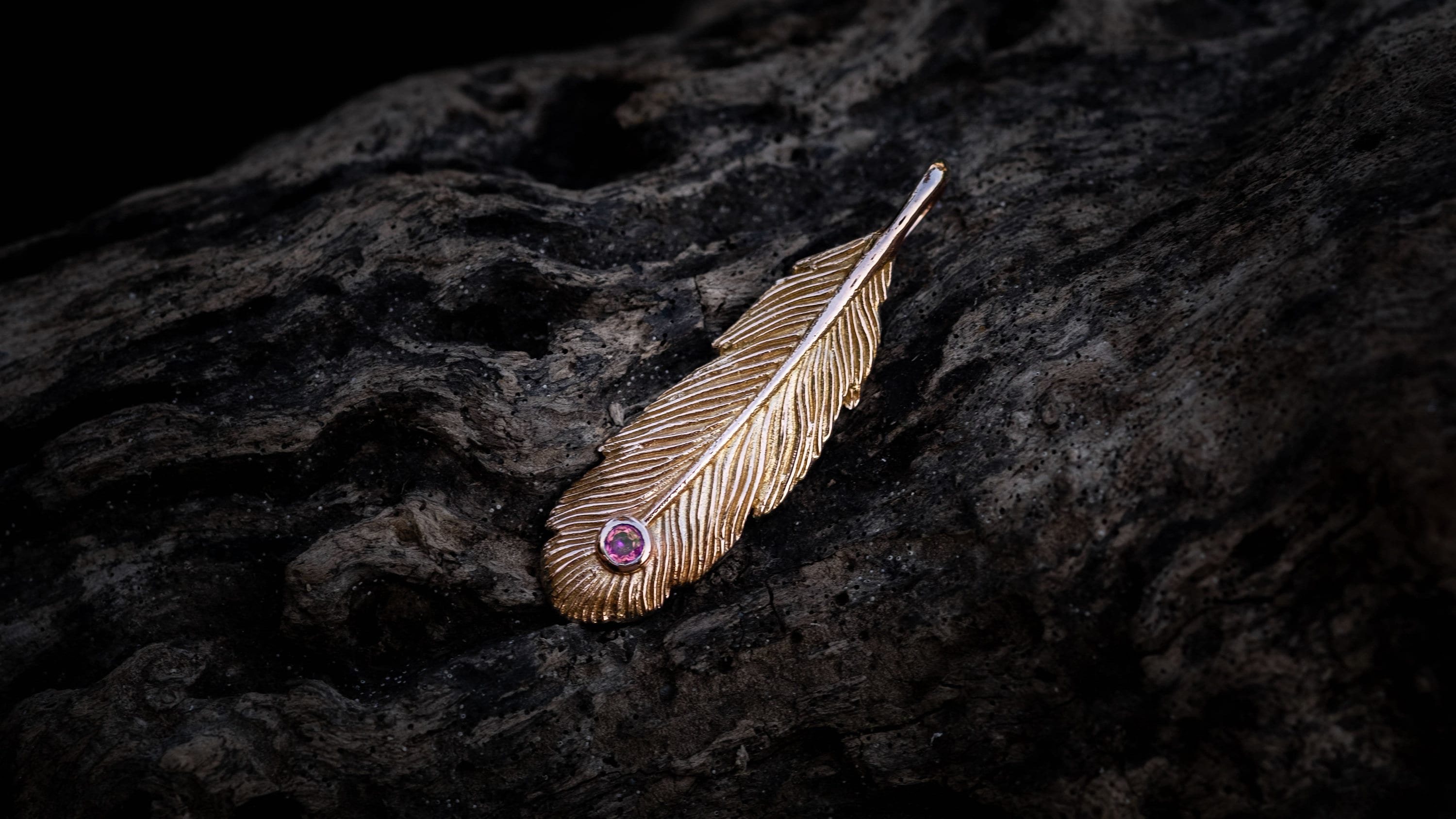Gold Feather Necklace with Gemstone | Gold Feather Pendant | Gold Peacock Feather | Feather Jewelry