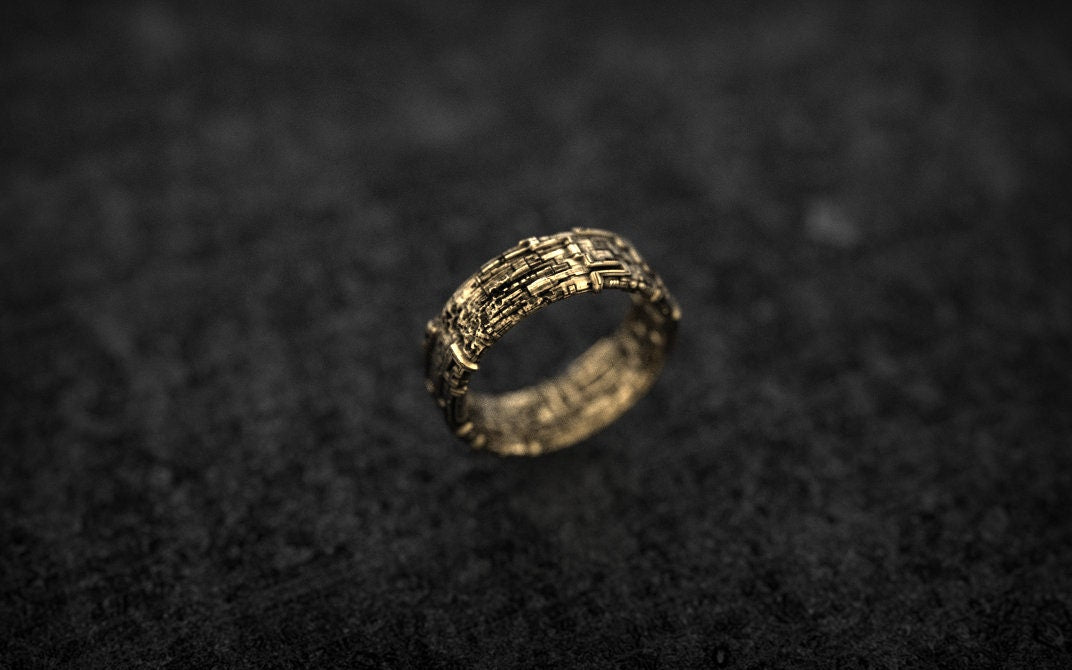 Solid Gold Geometric Ring: Cyberpunk Textured Band