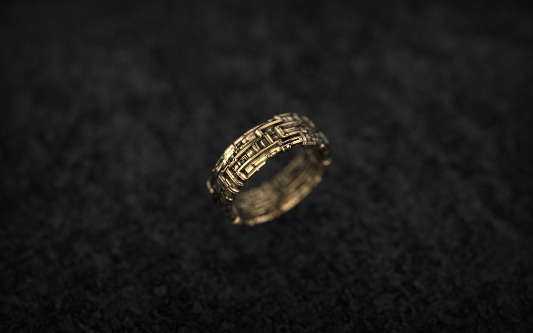 Solid Gold Geometric Ring: Cyberpunk Textured Band
