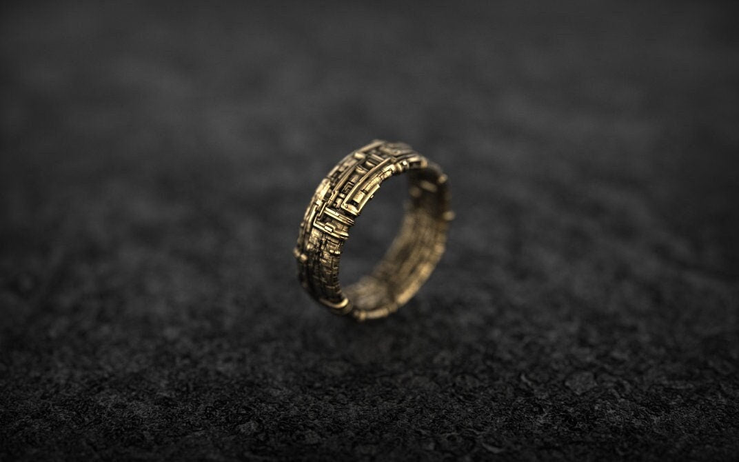 Solid Gold Geometric Ring: Cyberpunk Textured Band