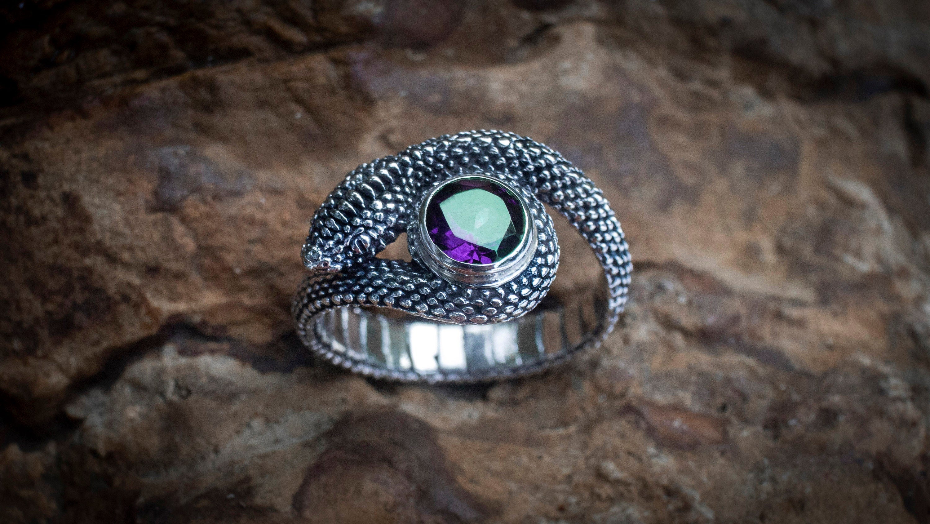 Silver Serpent Ring | Amethyst Engagement Ring | Silver Snake Jewelry | Silver Snake Ring with Gemstone | Snake Lover Gift
