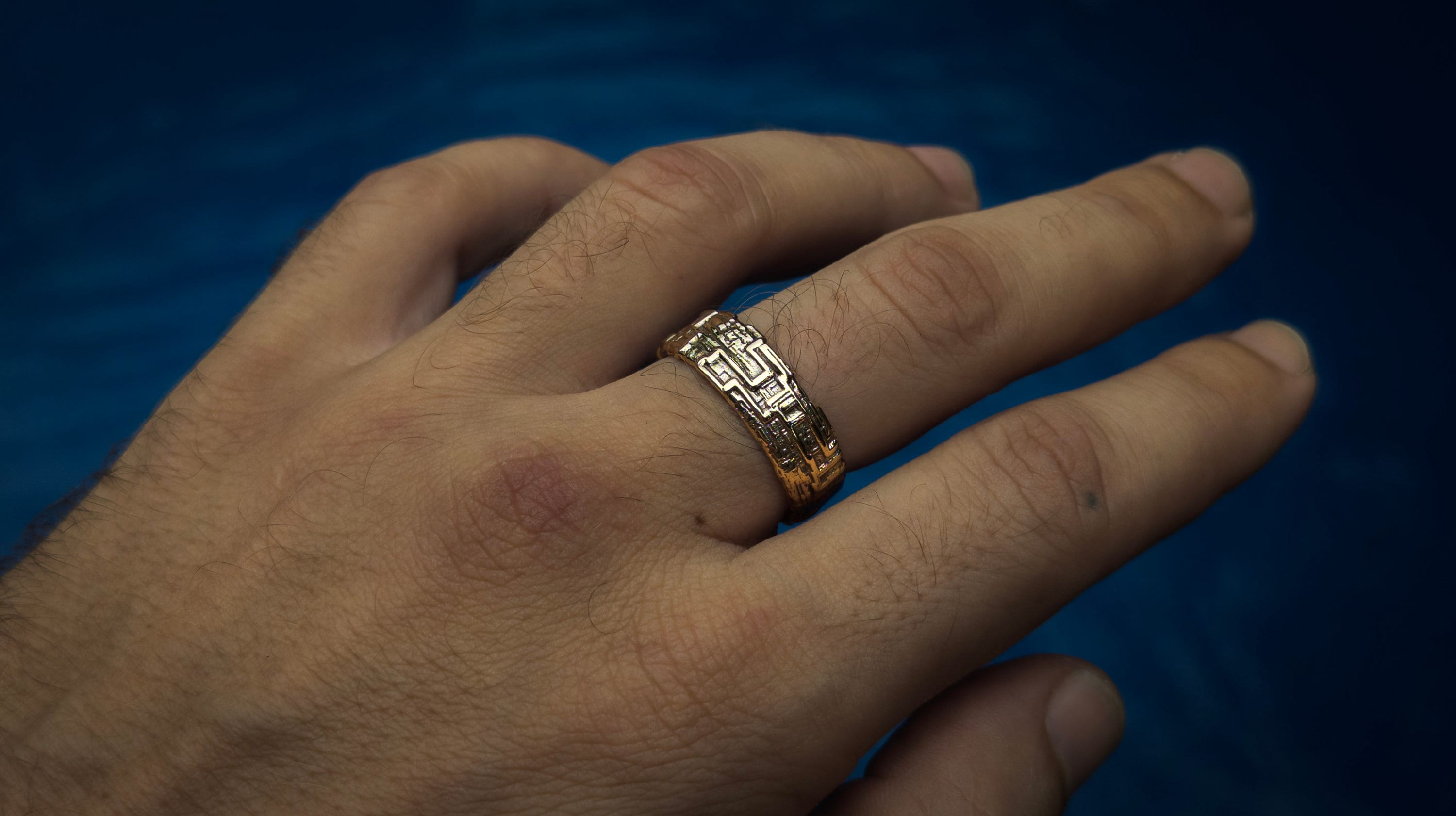 Solid Gold Geometric Ring: Cyberpunk Textured Band