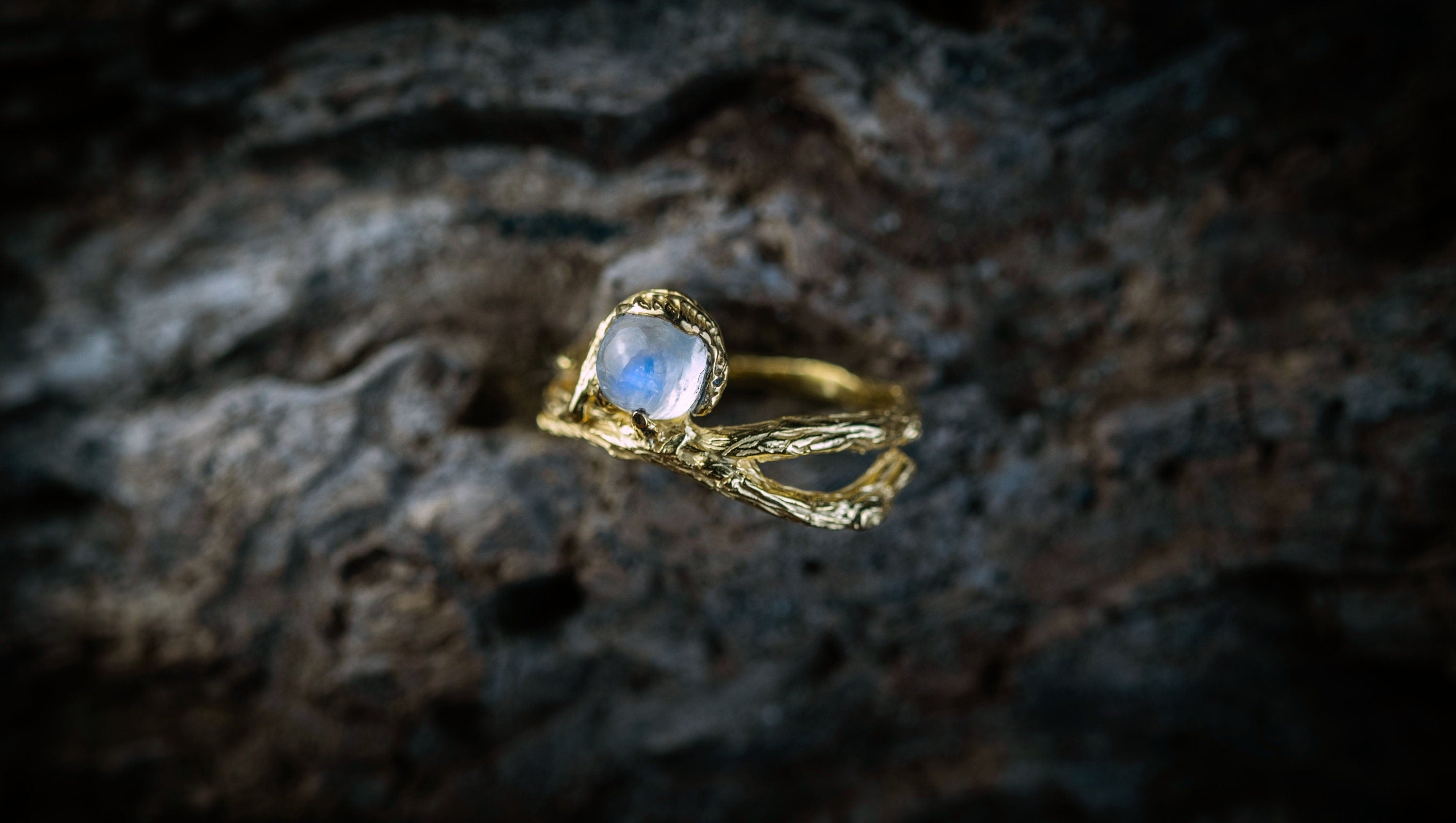 Rainbow Moonstone Gold Engagement Women's Ring 'Bine' | Moonstone Engagement Ring | Solid Gold Ring | Twig Ring | Nature Inspired