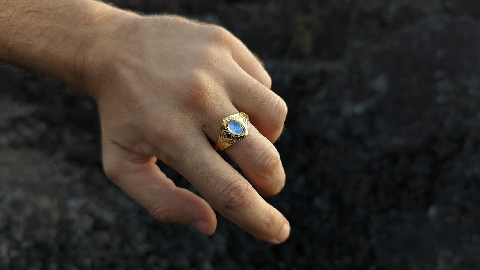 14K gold Viking-inspired wedding ring displayed from side angle