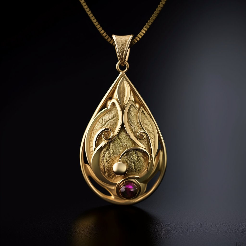Beautiful 14K Yellow Gold pendant shaped as a drop with carving inside resembling leaves and with natural ruby circle on the bottom .
