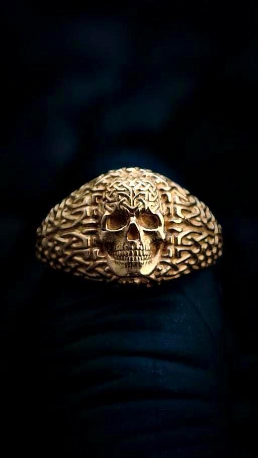 14K Gold Celtic Knot Skull Ring - Norse Pagan Jewelry