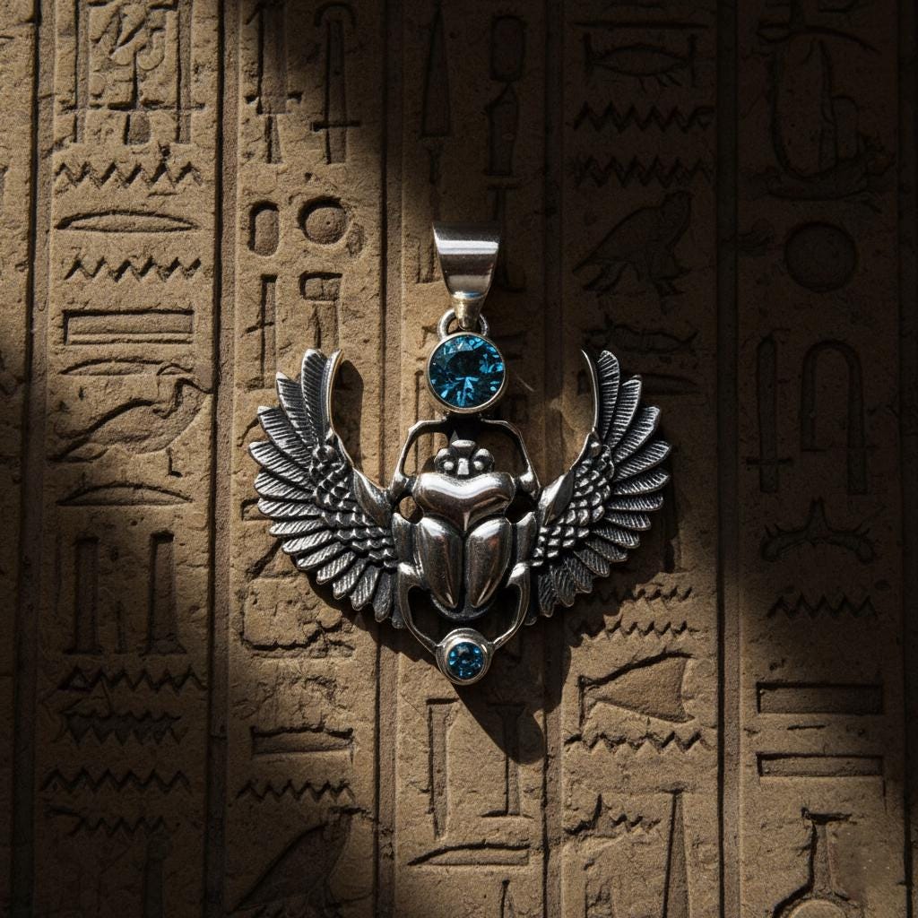 Egyptian scarab amulet necklace displayed vertically