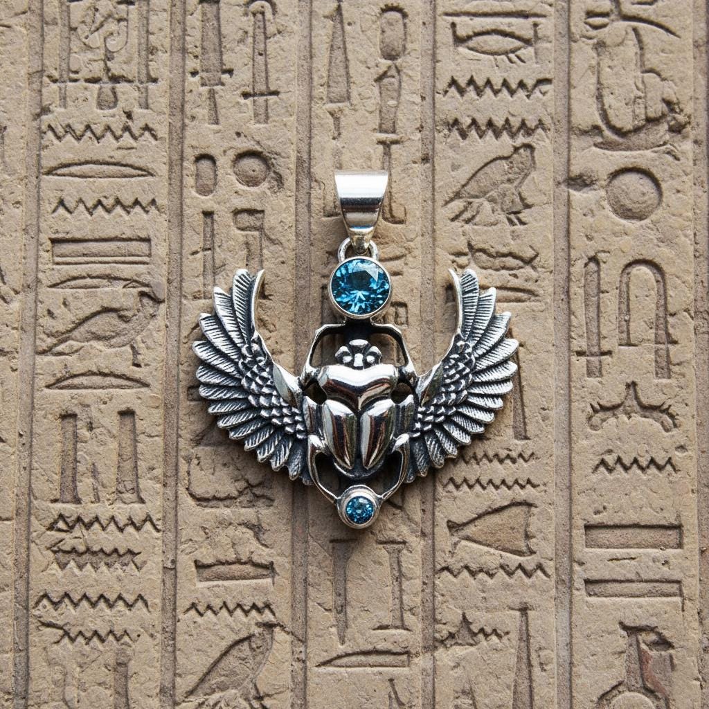 Scarab Pendant | Egyptian Jewelry | Sterling Silver Necklace | Winged Scarab Amulet | Spiritual Protection Pendant | Ancient Egypt Necklace