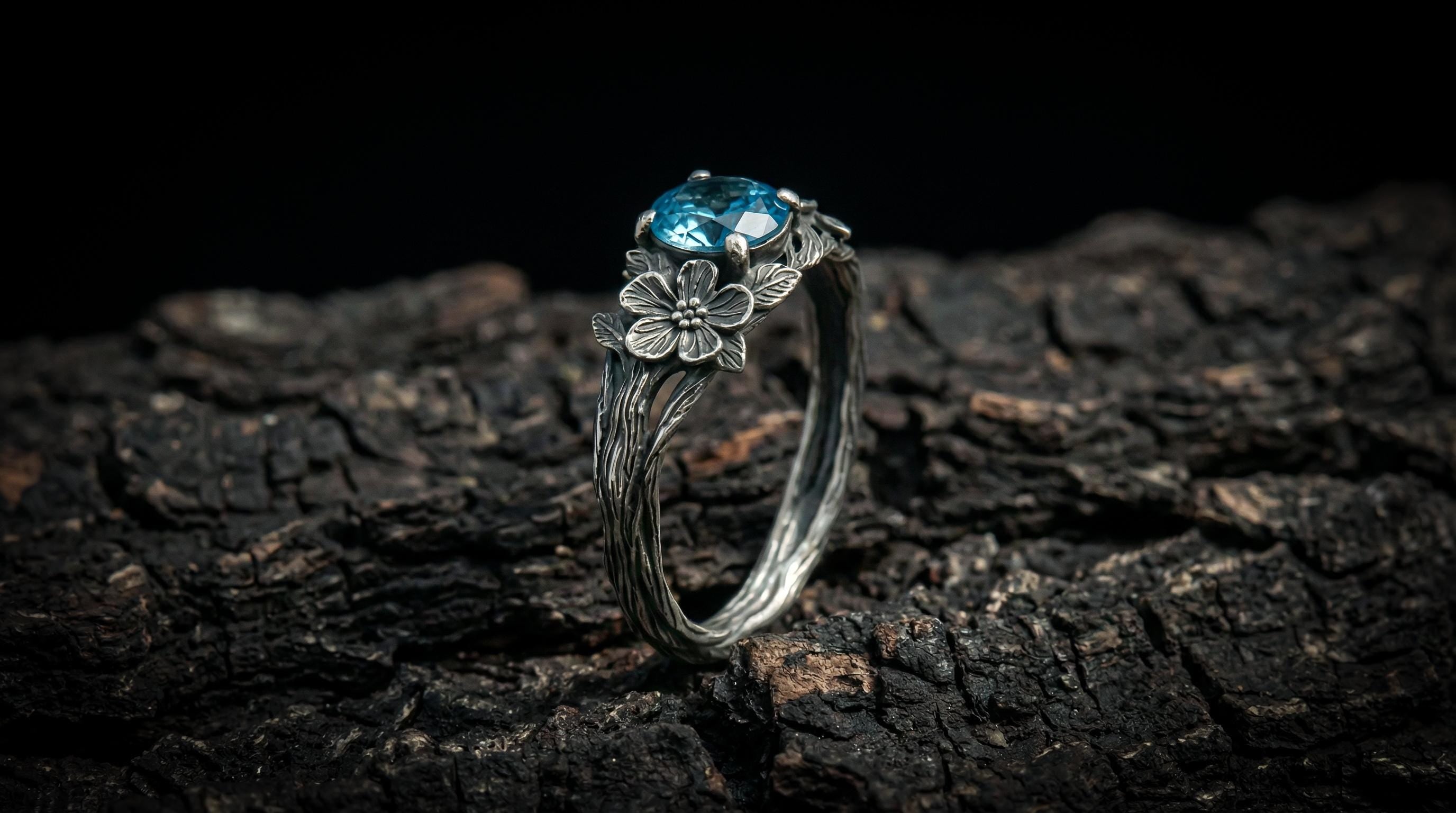 Silver Engagement Ring 'Flora' | Nature Inspired Jewelry | Twig ring with Flower and Gemstone | Forest Jewelry | Gift for Her