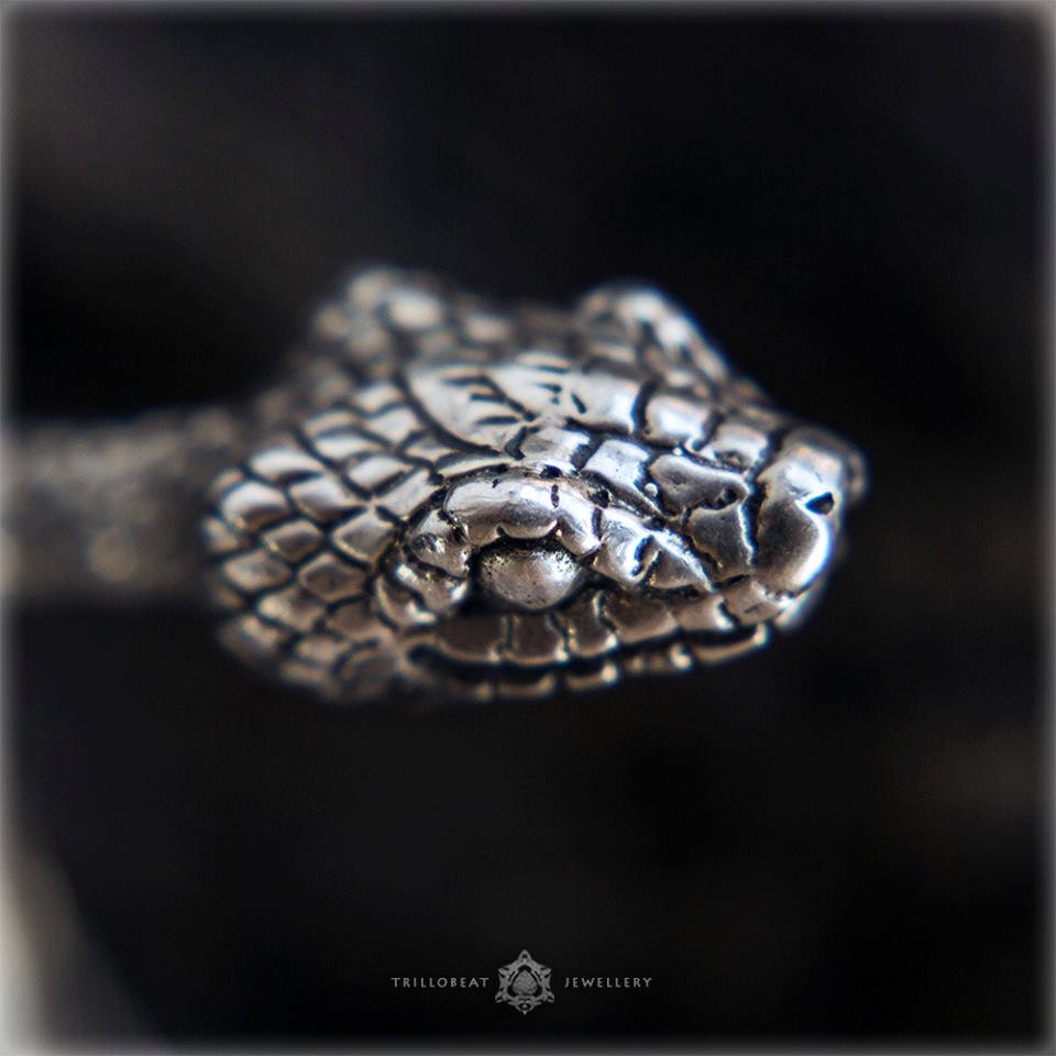 Silver serpent bracelet photographed from front angle