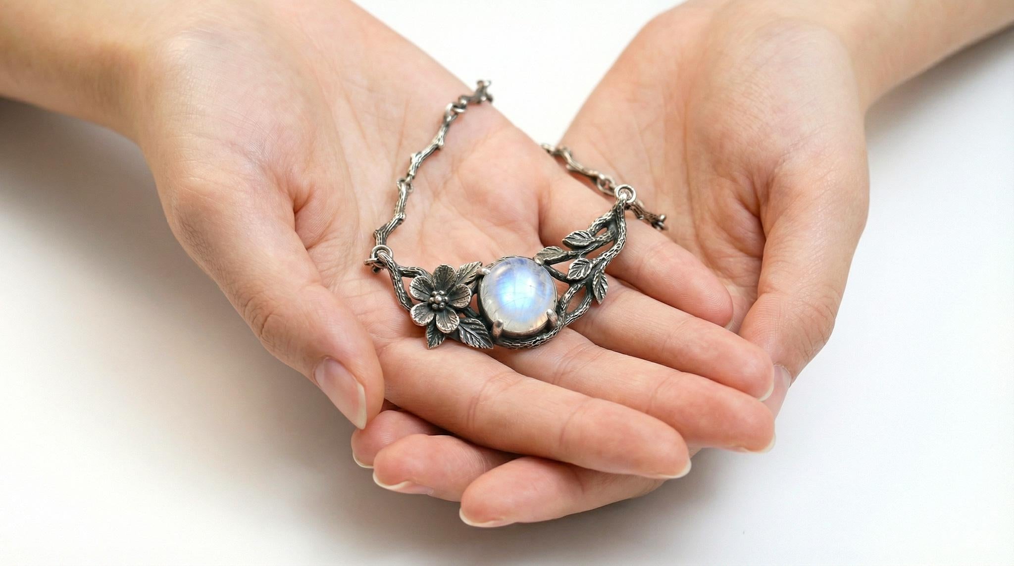 Rainbow Moonstone Sterling Silver Flower Necklace | Nature Inspired Jewelry | Branch Necklace | Moonstone Jewelry | Silver Twig Necklace