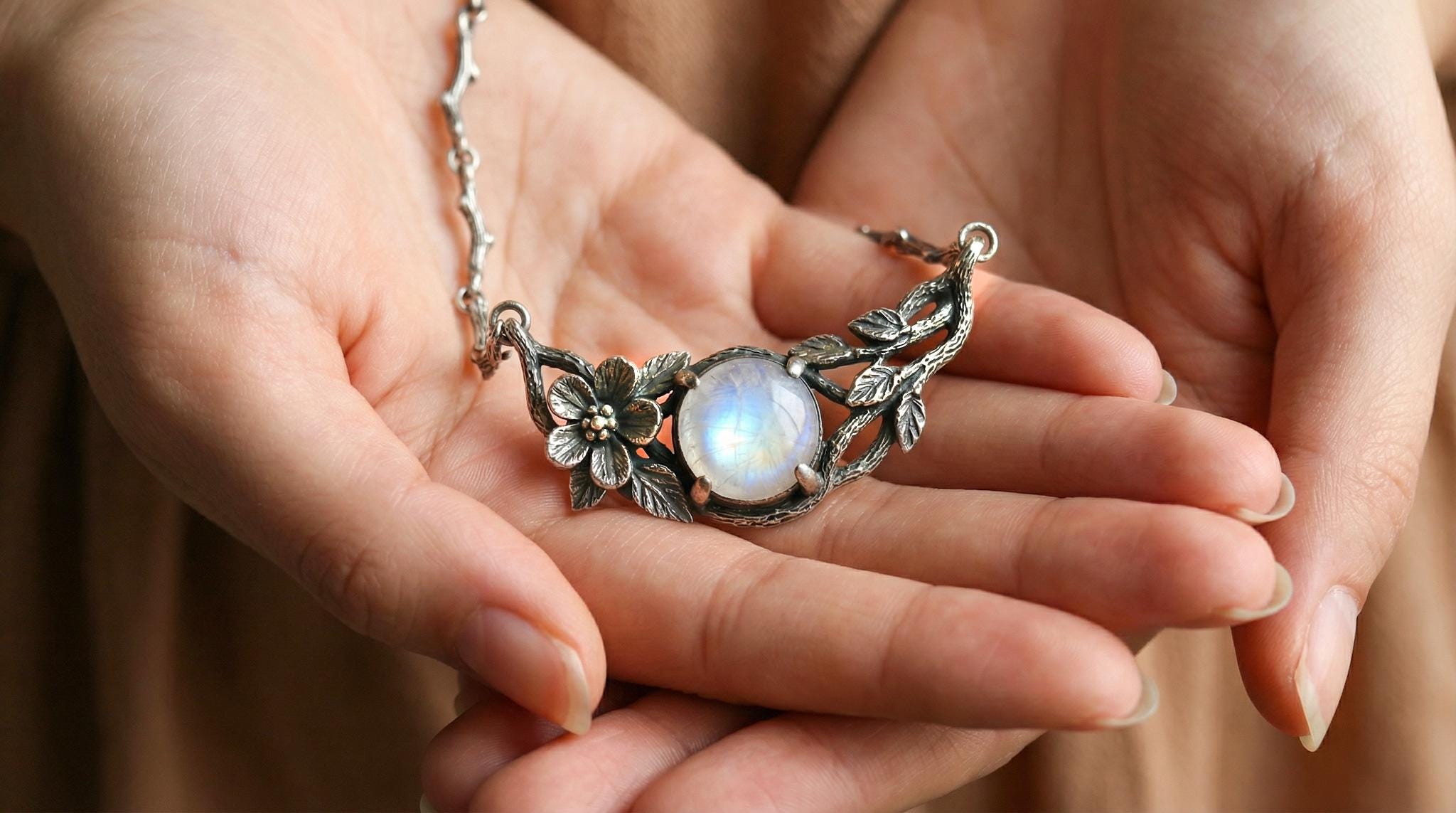 Rainbow Moonstone Sterling Silver Flower Necklace | Nature Inspired Jewelry | Branch Necklace | Moonstone Jewelry | Silver Twig Necklace
